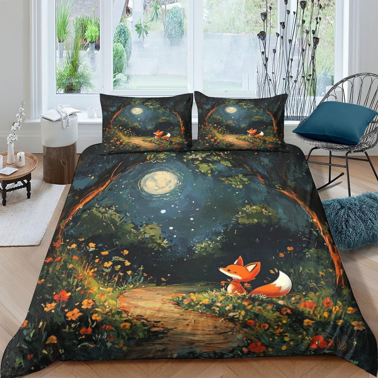 Ctjqhvkz Style-9 3D Printed Moonlit Forest Fitted Sheet Microfiber Fox Path Bed Cover For Bedroom Guest Room Decor Protection Single（135X200cm）