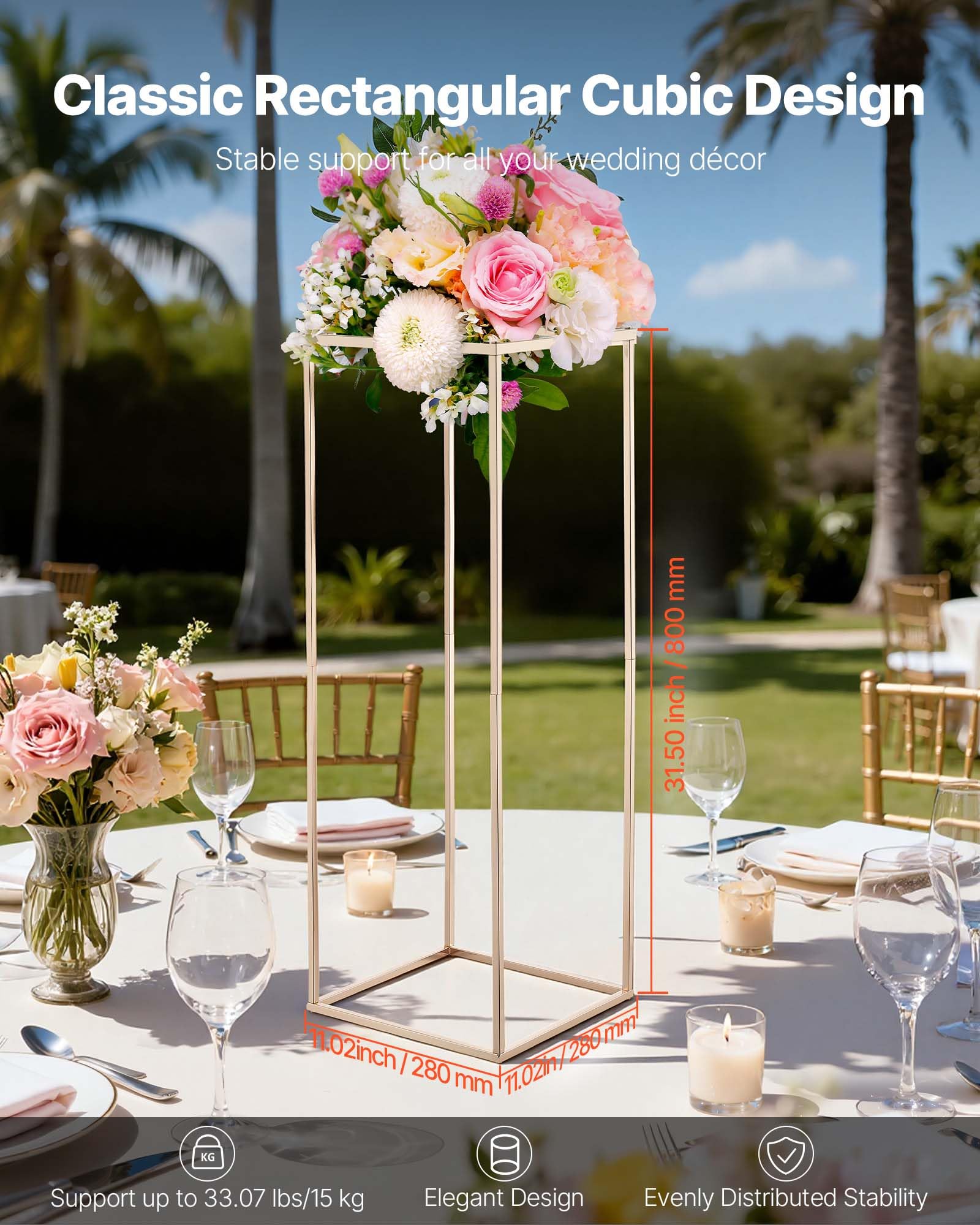 VEVOR Supporto per Fiori da Matrimonio 10 Pezzi da 80 cm, Supporto per Fiori con Vite Nascosta, Espositore Floreale Cubico Rettangolare per Matrimoni, Feste, Compleanni, Casa, Oro Francese