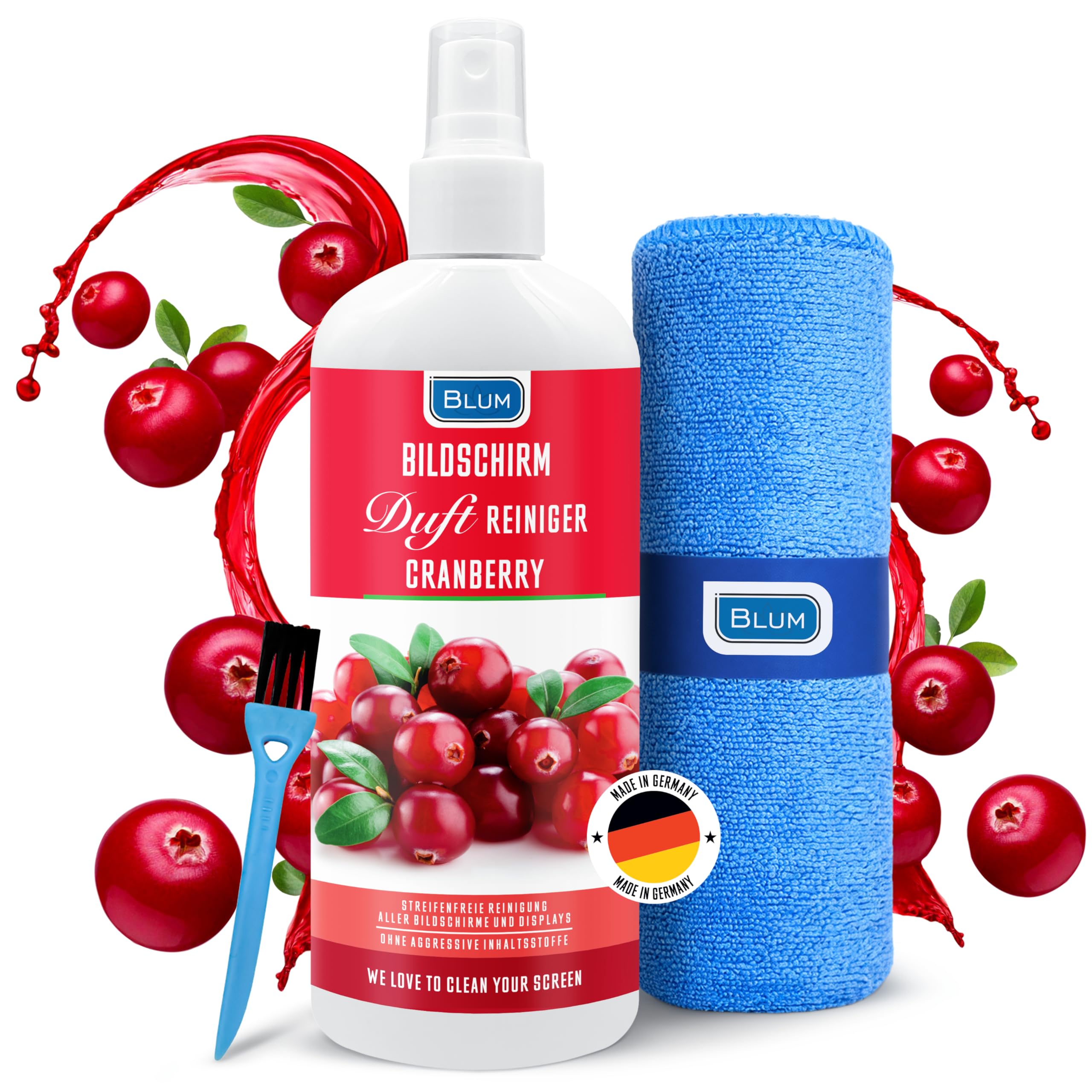 Blum 250 ml Bildschirm DUFT Reiniger CRANBERRY + 30 x 30 cm Mikrofasertuch - Fruchtig-frischer Duft mit streifenfreier Reinigung von Handy, Laptop, PC & TV - Screen Cleaner - Bildschirm Spray