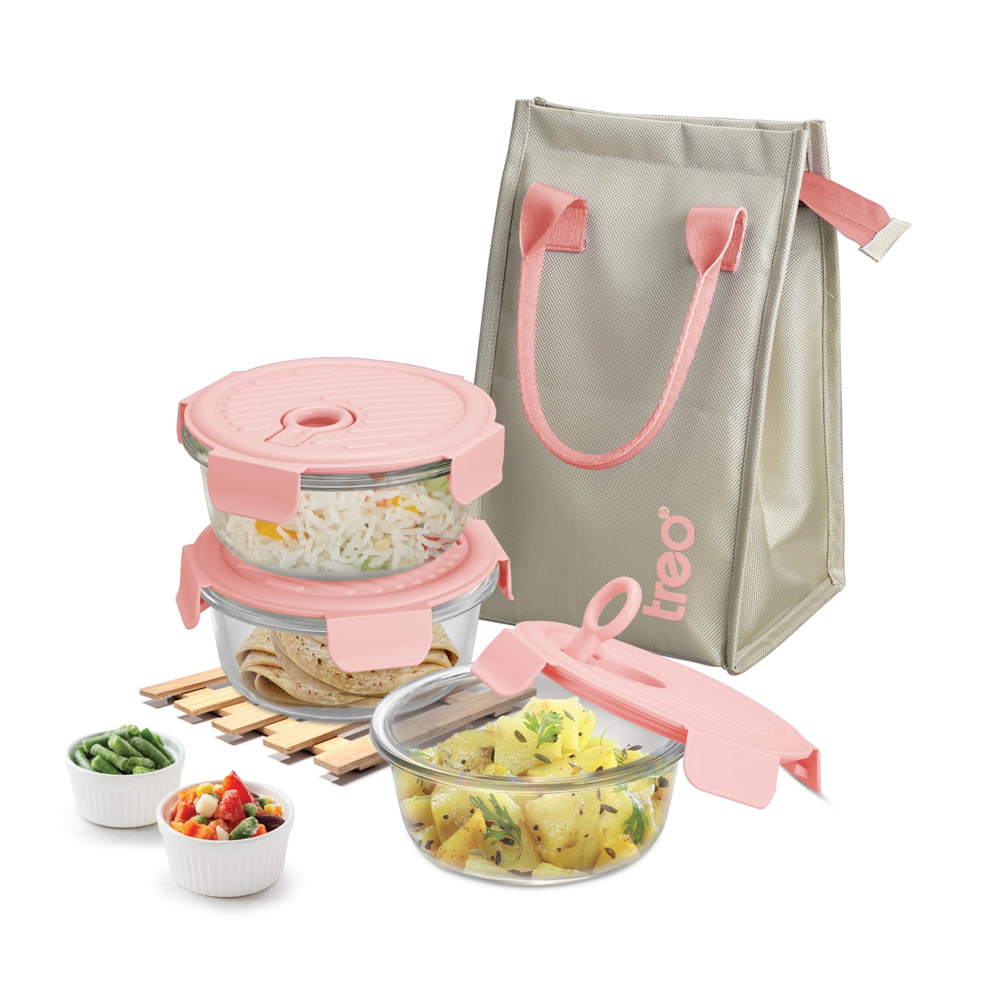 Treo by Milton Lumino Fresh Round Borosilicate Glass Lunch Box Set of 3, Peach Lid, 400 ml Each with Lunch Bag, Microwave & Dishwasher Safe, Leak Proof Containers Office Tiffin-image-34