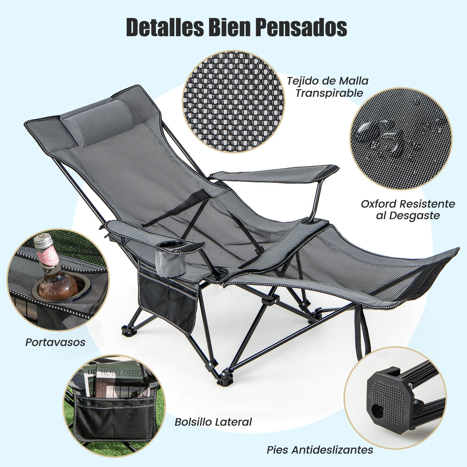 COSTWAY Silla Plegable Camping, Silla de Acampada Portátil 2 en 1, Reposapiés Desmontable, Respaldo Ajustable, Portavasos y Reposacabezas, Bolsa De Almacenamiento, Silla Camping Pesca, Picnics (Gris)