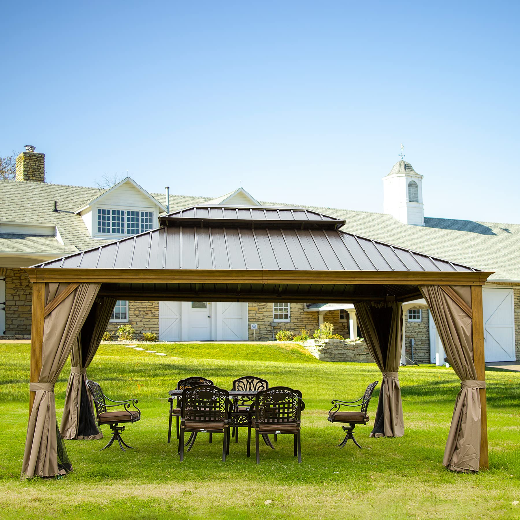 12’ x 16’ Hardtop Gazebo Outdoor Aluminum Wood Grain Gazebos with