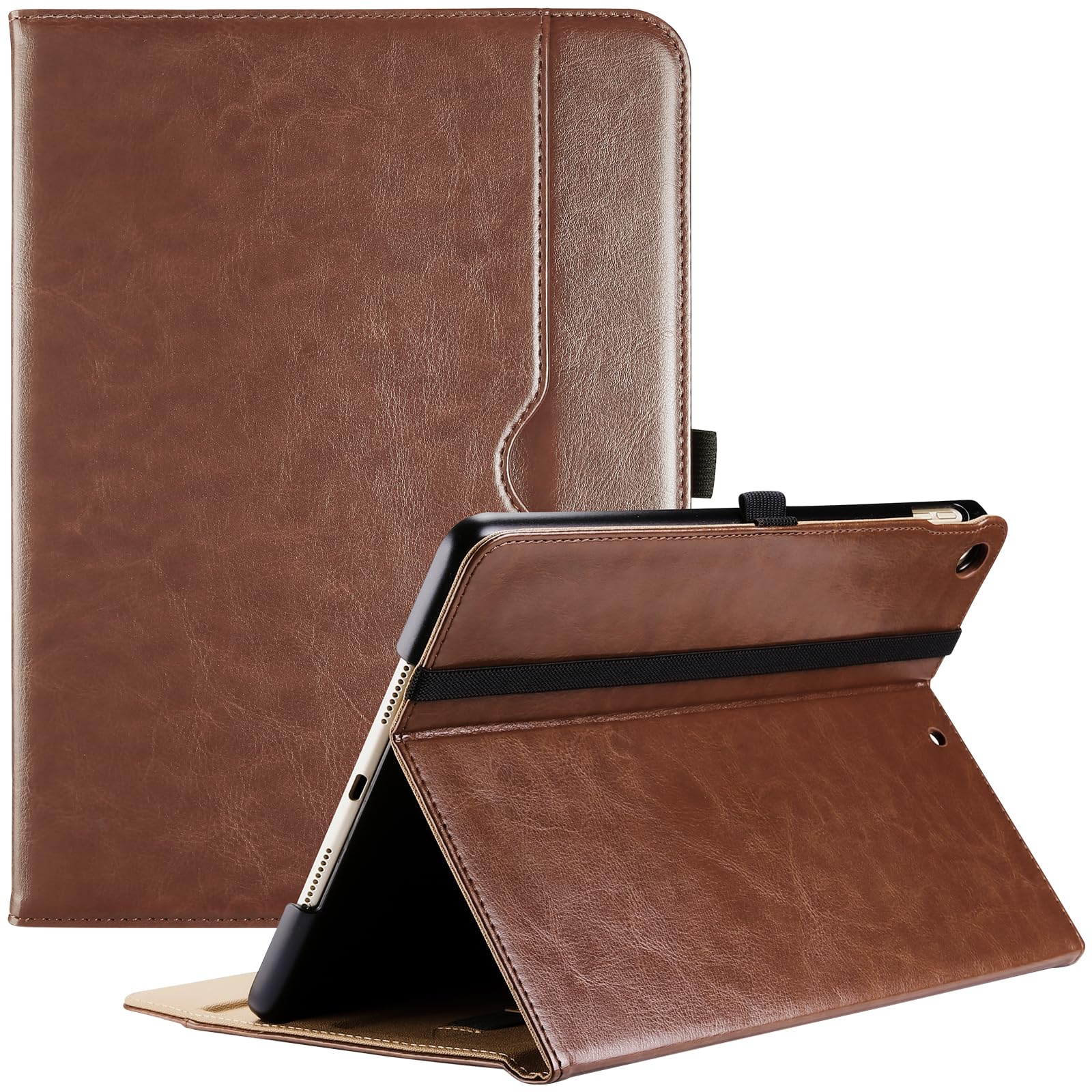 ProCase for iPad 9th/8th/7th Generation Case 10.2 inch 2021/2020/2019, PU Leather Business Stand Cover Smart Folio with Hand Strap Front Pocket Pen Loop -Brown