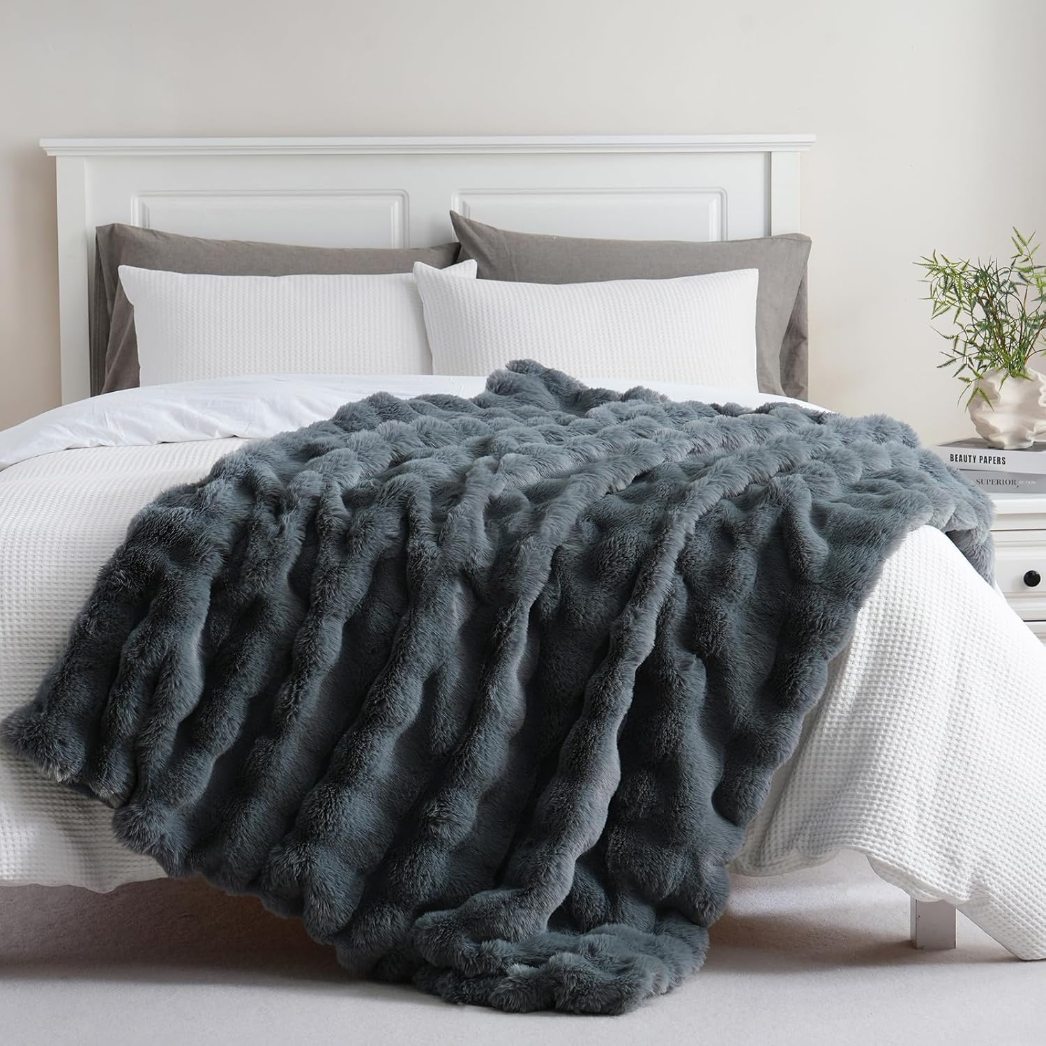 Bedbay Fluffy Faux Fur Blanket,Grey Throw Blanket for Couch