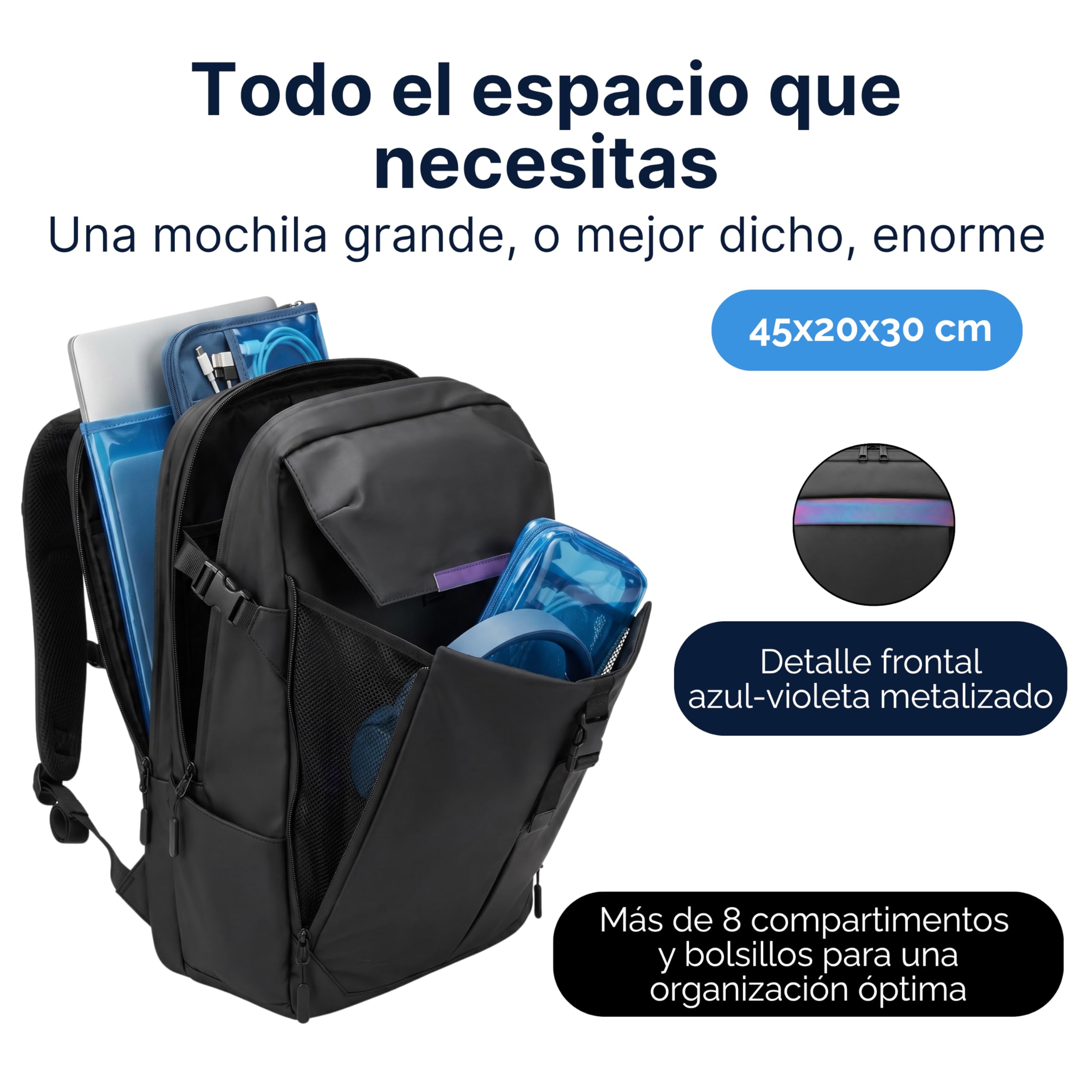 MASC Mochila de Viaje Impermeable y Ergonómica con Múltiples Compartimentos, 27L, ideal como Mochila de Trabajo con espacio para un Portátil de 18 pulgadas, Elegante para la Oficina