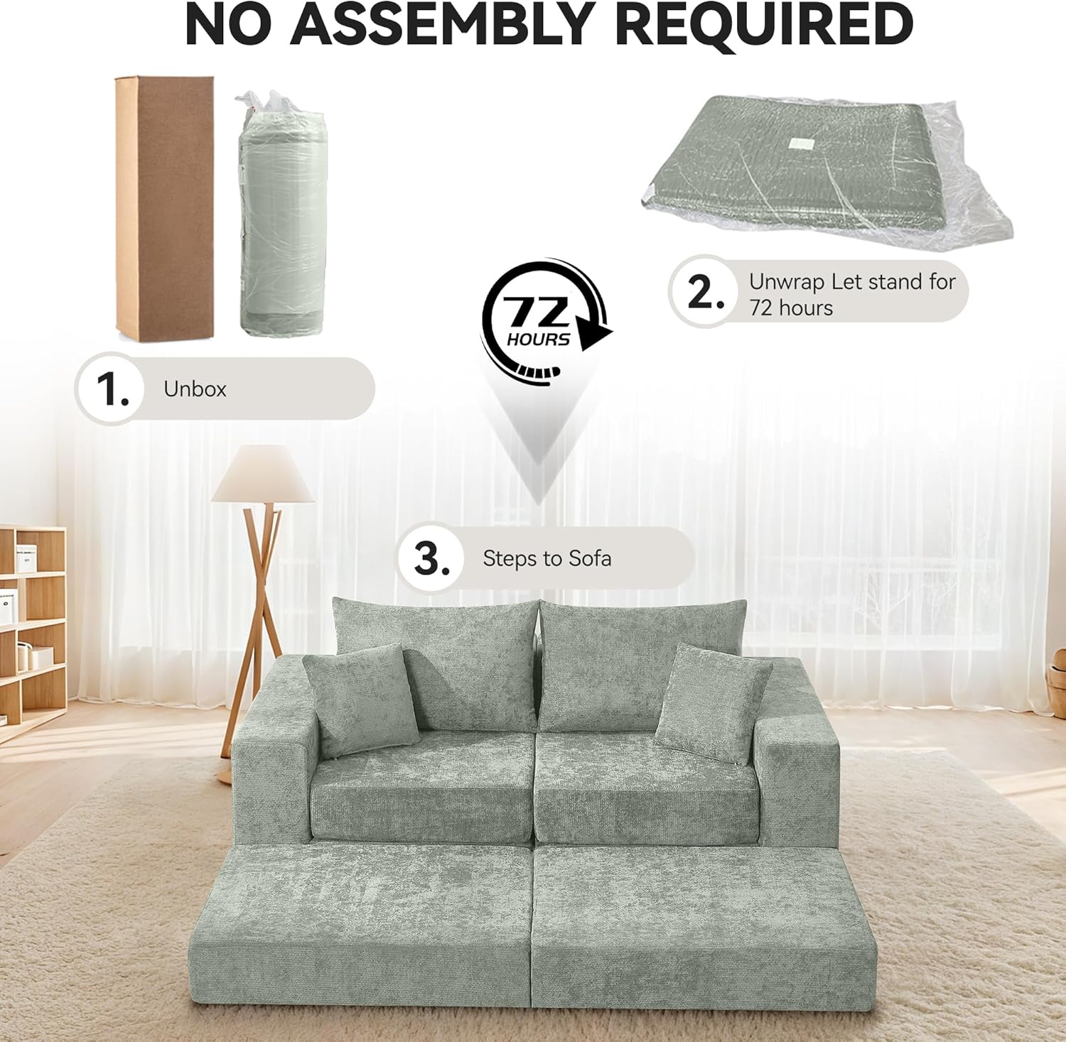 79" Boneless Cloud Sectional Loveseat with Ottoman, Chenille Convertible Sleeper Sofa Bed, Modular Compressed Couch, No Assembly Required for Living Room, Green