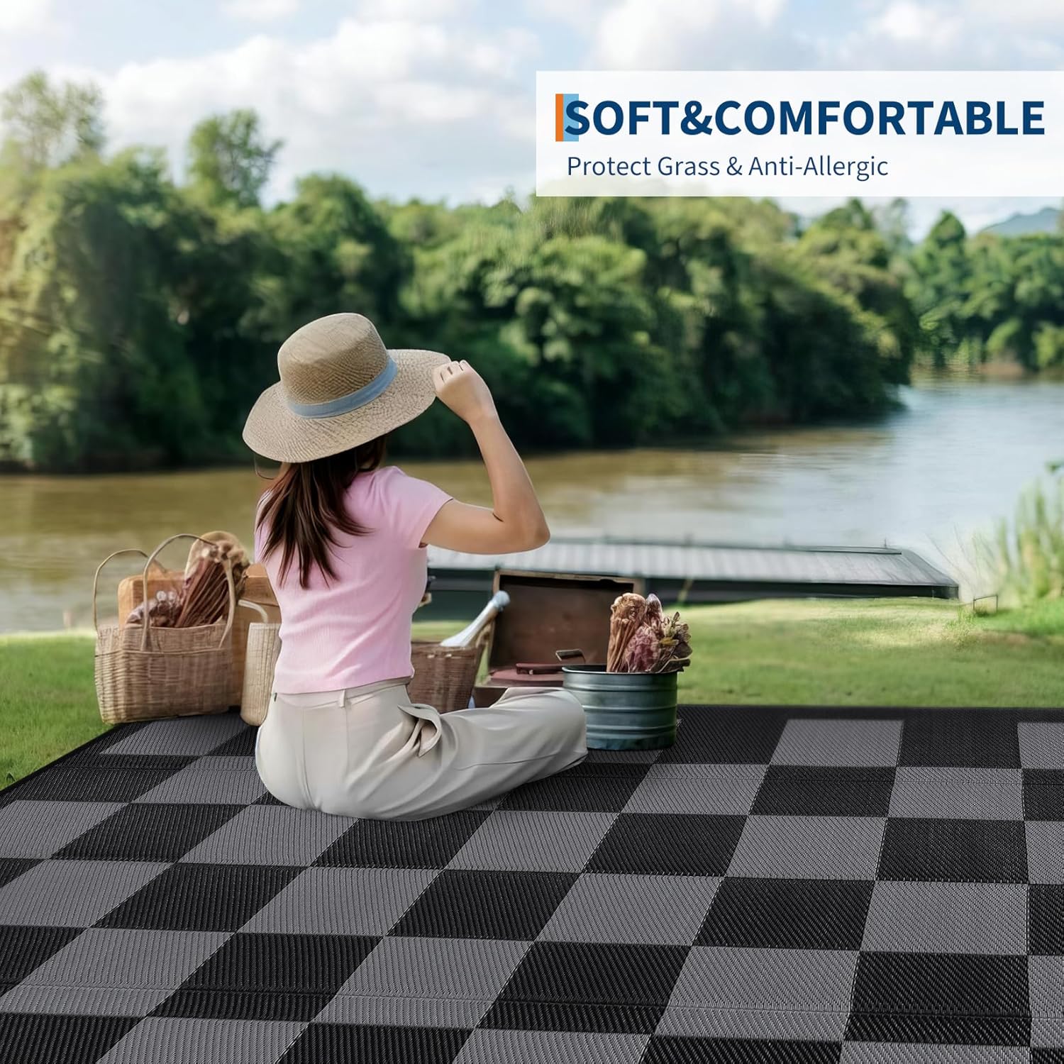 Modern Outdoor Rug Geometric Plaid Camping Mat for Patio UV-Resistant Reversible - Picture 50 of 59