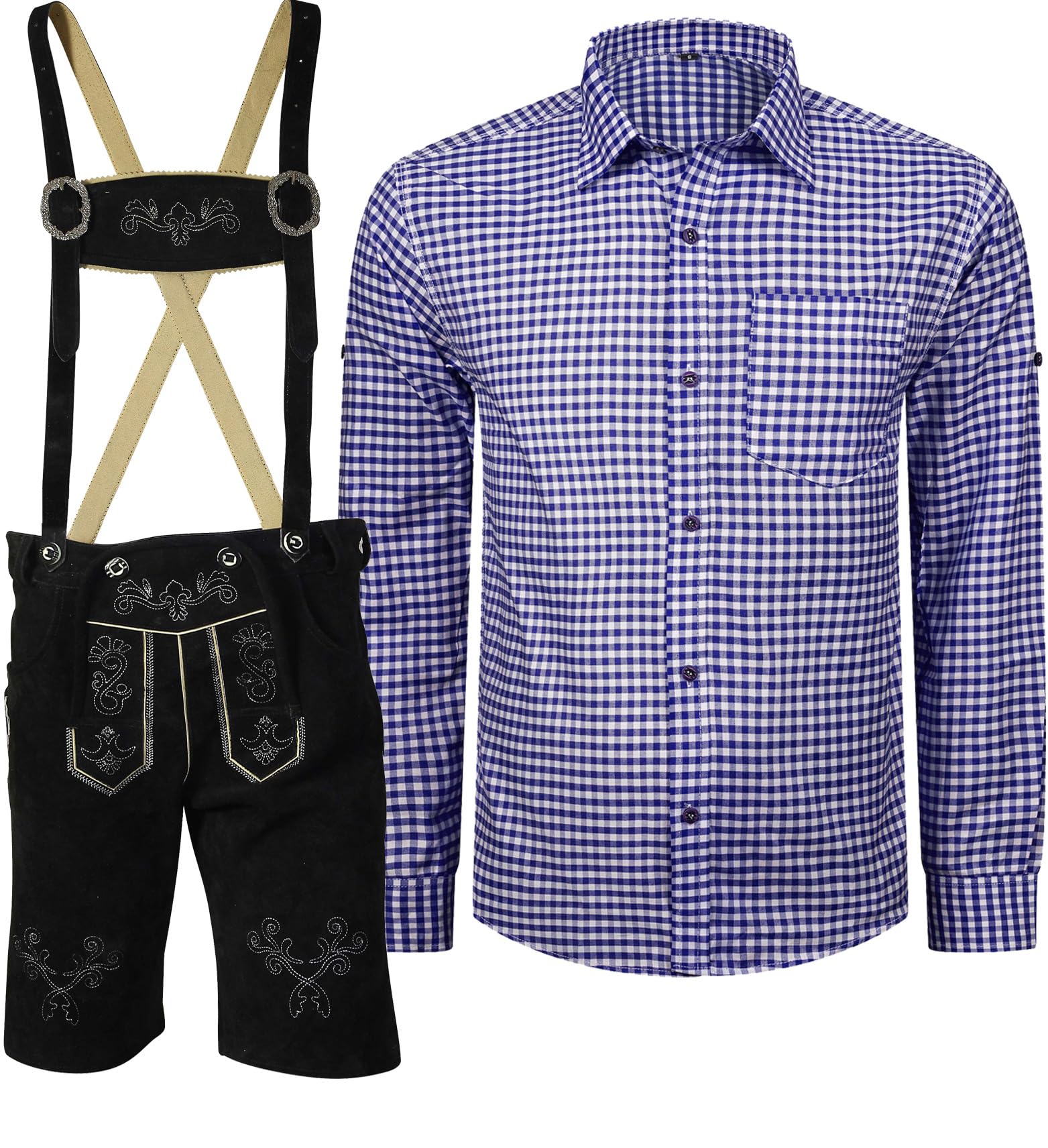 Herren Trachten Set Lederhose mit Trägern + Trachten Hemd Bayerische Oktoberfest (Hose + Hemd) SKB02