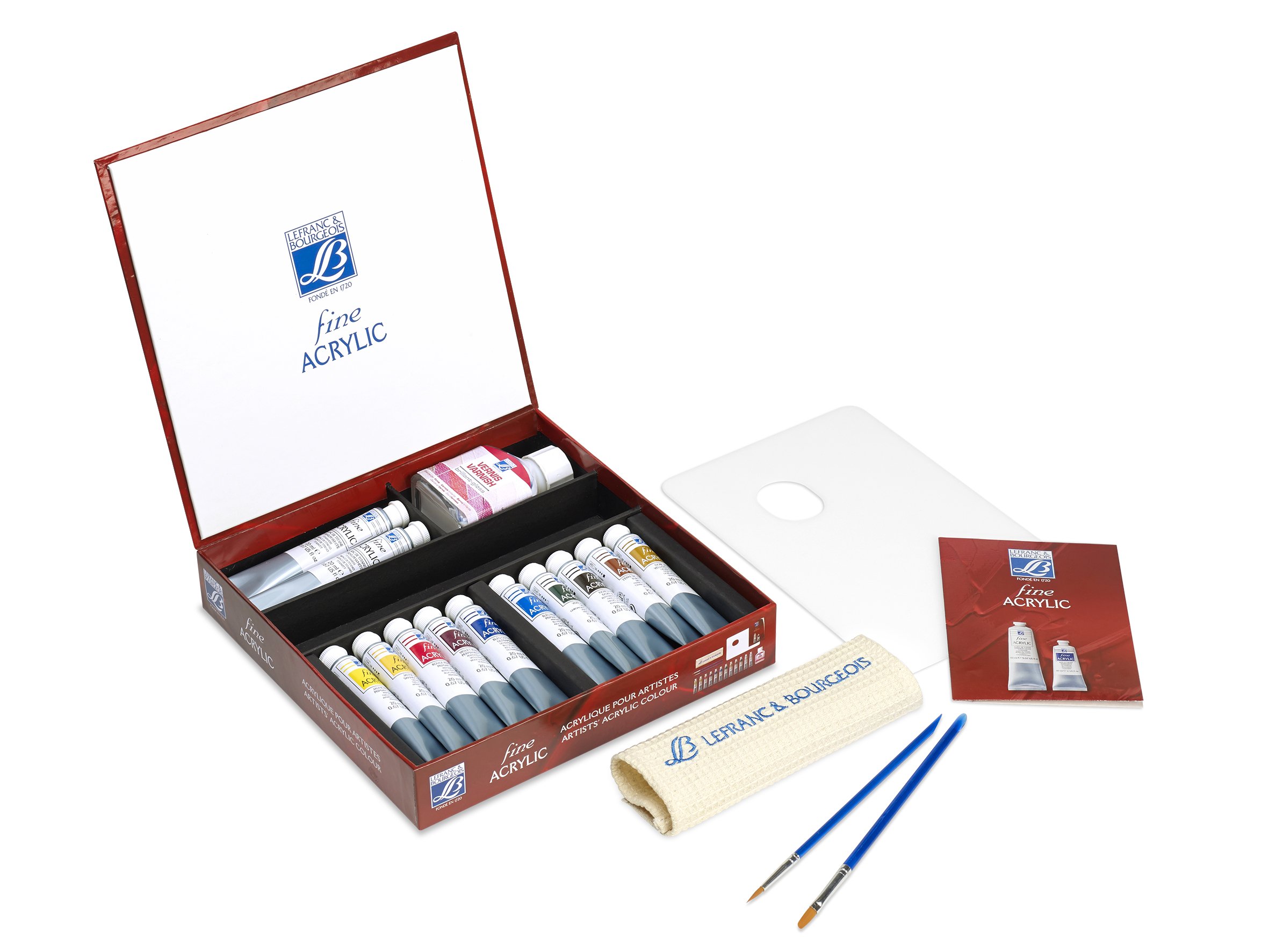 Lefranc y burguesa artista Juego de 10 tubos de pintura de acrílico con 2 finos tubos de pintura 20 ml Blanco de titanio 20 ml / 1 tubo de barniz brillante pintura de 75ml Accesorios