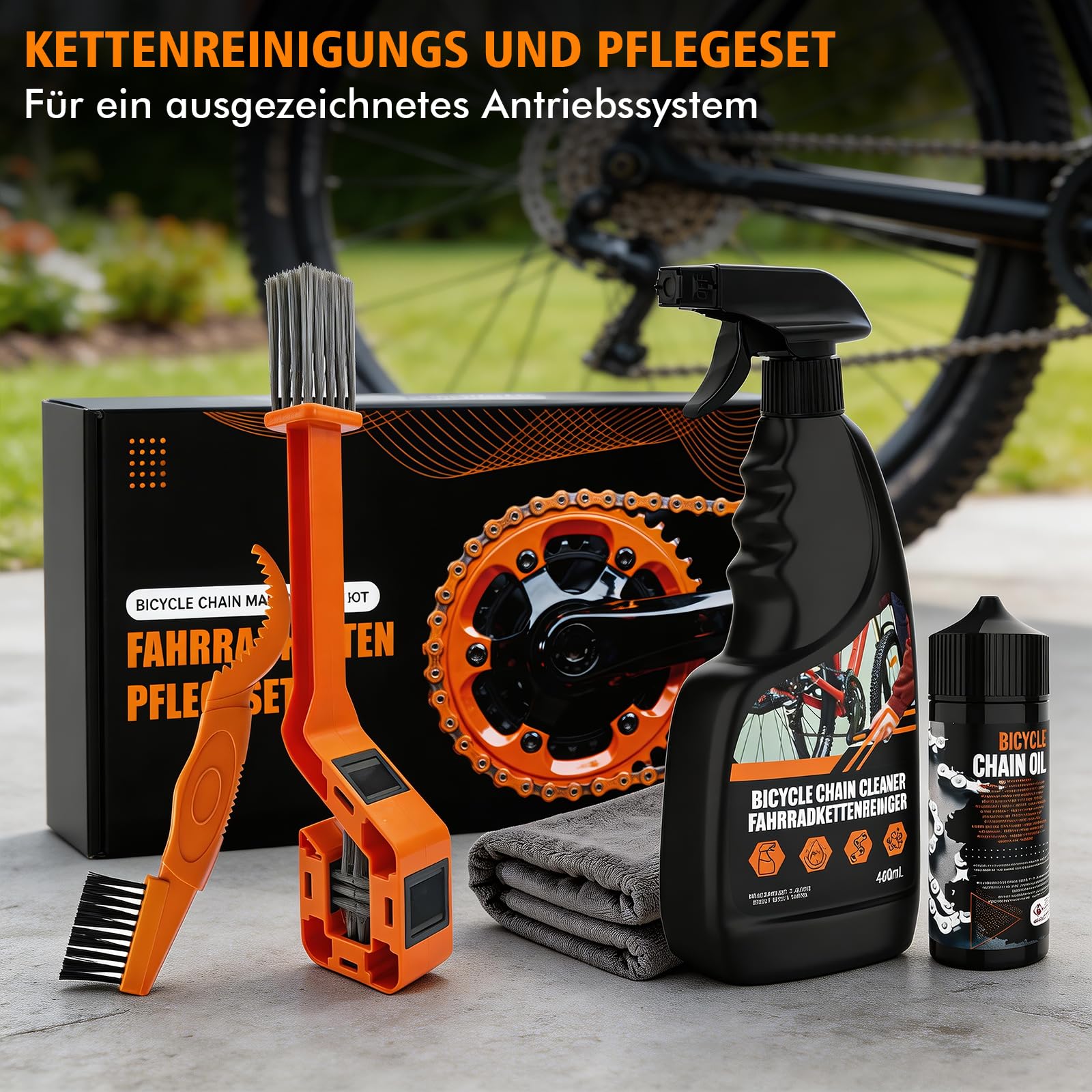 Fahrradketten Reiniger Set, Fahrrad Reinigungsset mit 450ml Fahrrad Kettenreiniger und 120ml Fahrradkettenöl, Fahrrad kettenreiniger Fahrradpflege Set mit Kettenbürsten für Alle Fahrrädern