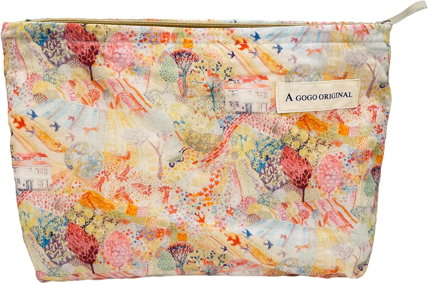 Artistic Landscape Makeup Bag, Large Canvas Cosmetic Pouch with Cartoon Scenery Print - Boho Toiletry Bag for Travel, Women's Vintage Storage Organizer (9.8x7x2 Inches)