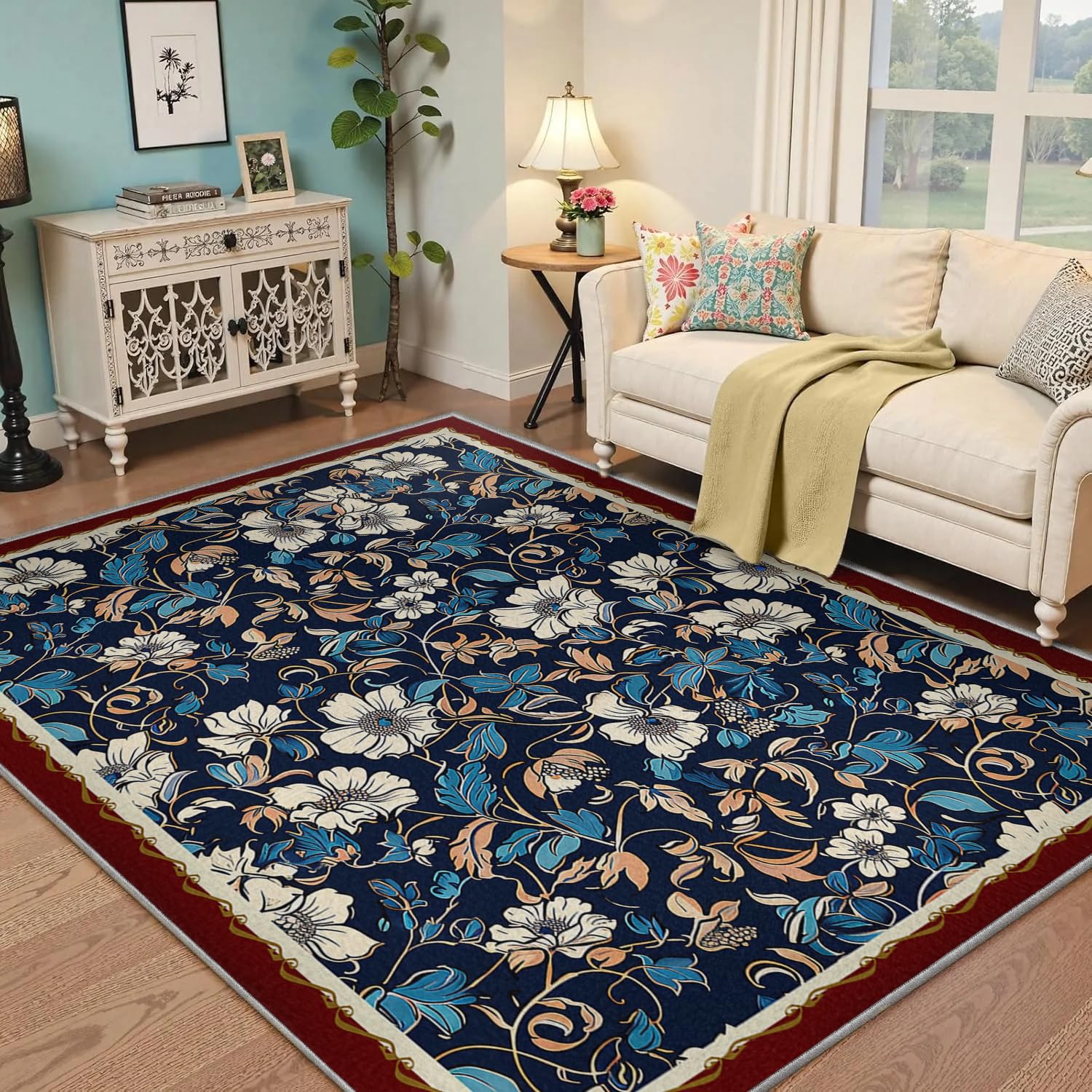 Tapis de salon antidérapant et doux grand format fleuri lavable pour la maison