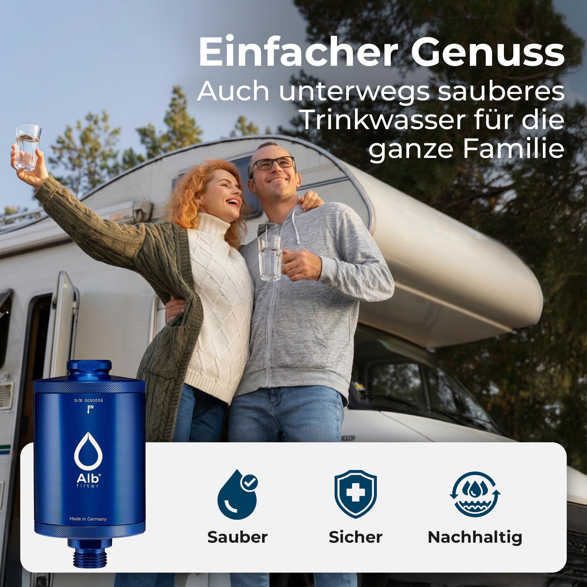 Alb Filter MOBIL Nano Trinkwasserfilter Blau – Wasserfilter Trinkwasser für Wohnmobil & Camping – Der Wasserfilter filtert Keime, Bakterien & Schadstoffe aus dem Trinkwasser – Made in Germany