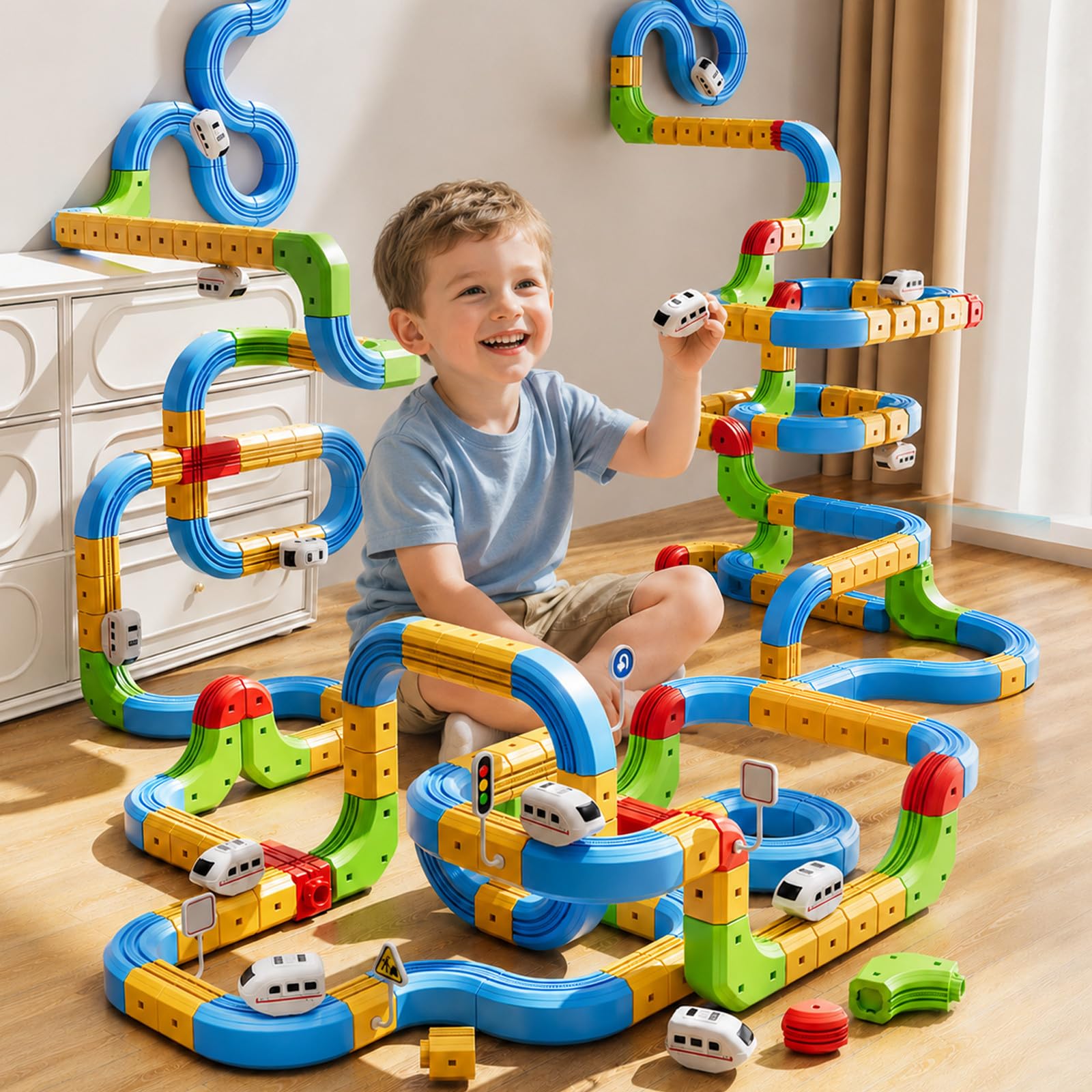 WOANZZ 88PCS Electric Train Set, Anti Gravity 3D Race Track with Toy Train & Traffic Signs for Kids, Magnetic Building Block Sets, Educational STEM Present for Boys Girls 3 4 5 6 7 8 Years Old