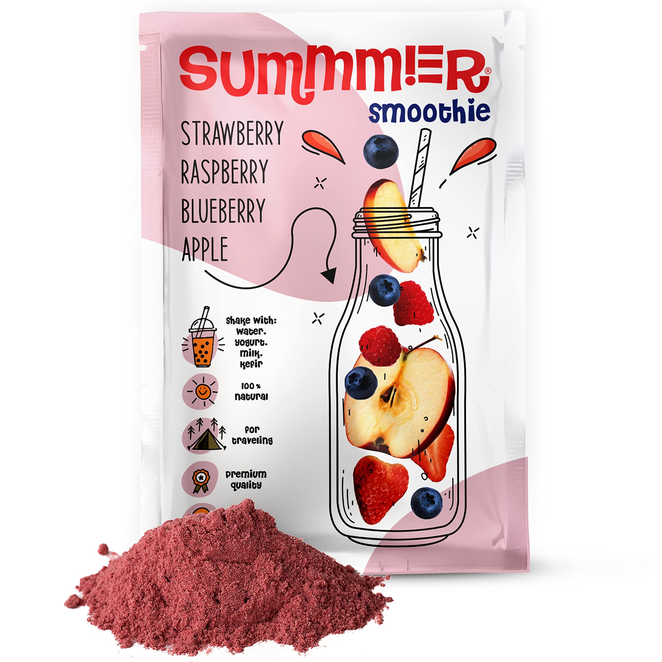 Summmer Fruit Smoothie Mix Packets -Strawberry, Raspberry, Blueberry, Apple - Natural Smoothie Powder – Delicious Home Smoothie Kit - 100% Natural Fruit