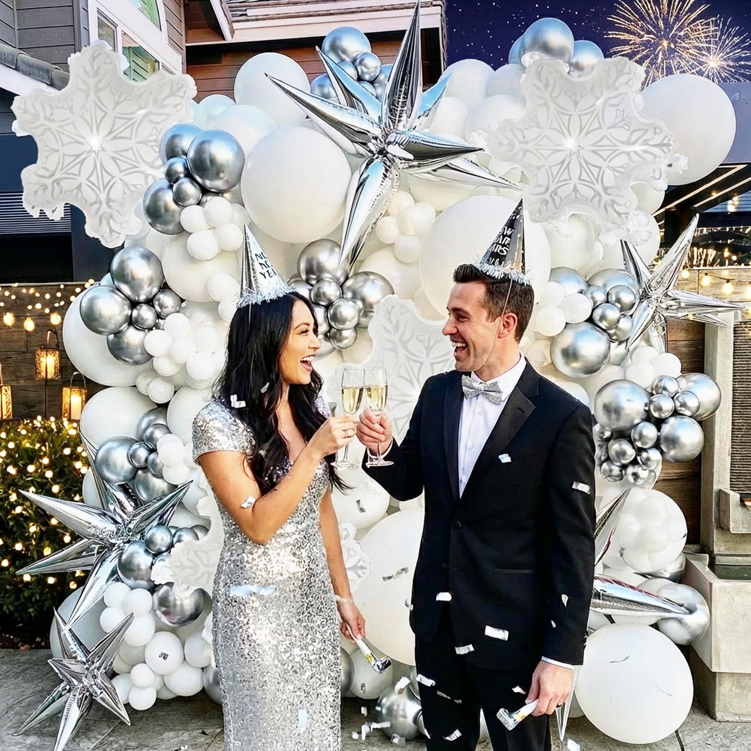 PartyXpress Kit de guirnalda de arco de globos de invierno de 135 piezas con globos de estrella de copo de nieve blanco y plateado para fondo de Año Nuevo 2026, fiesta de bebé, baby shower