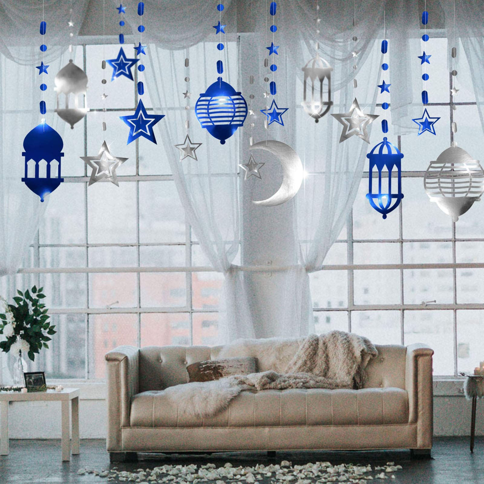 Islamic Silver Blue Star Crescent Moon Lantern Ramadan Garland EID ...