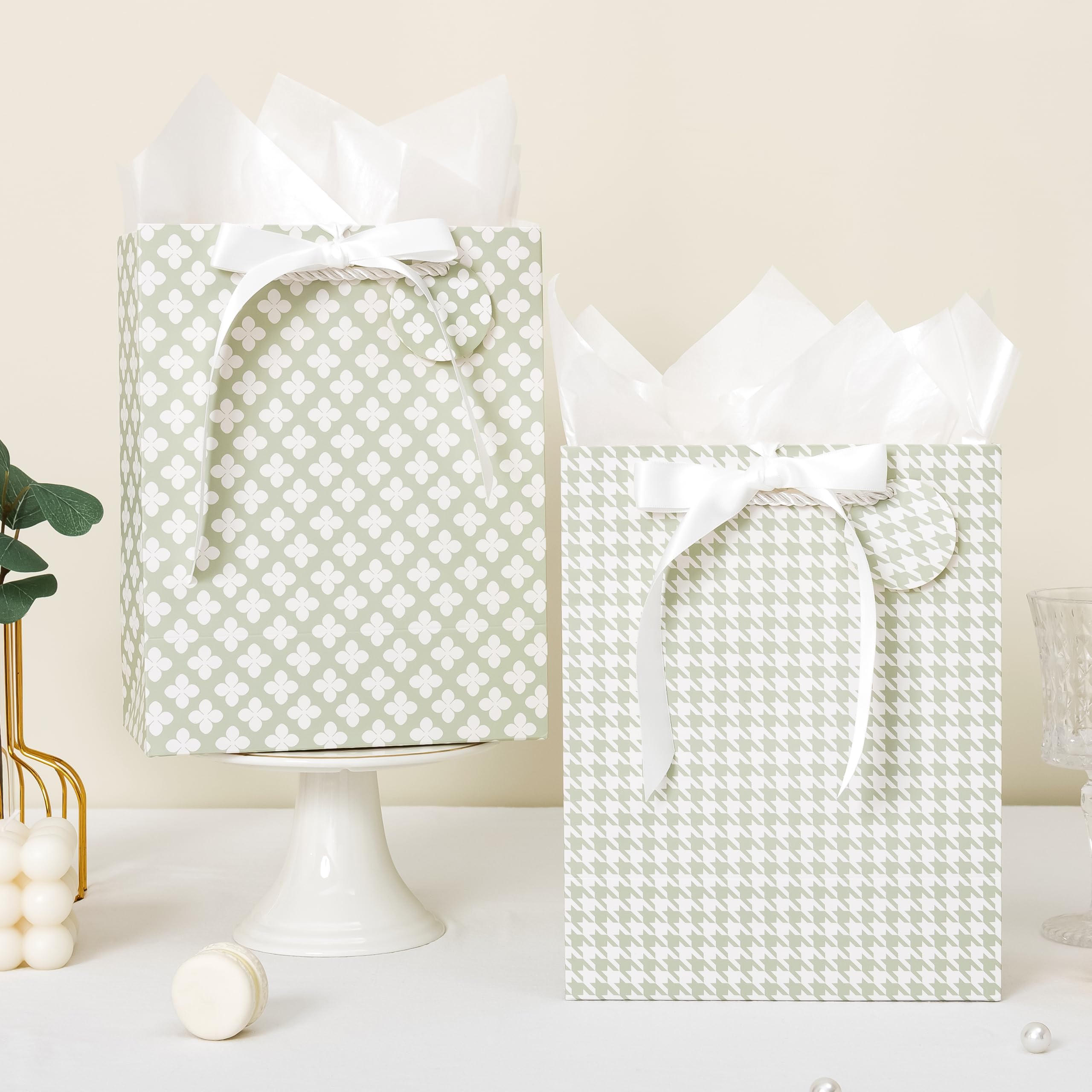 Crisky Sage Green Gift Bags Medium Size with Handles, Tissue Paper & Ribbon - 4 Pack 9"- Medium Gift Bags for Women Birthday Christmas Wedding Bridal Shower Graduation & New Year Gifts