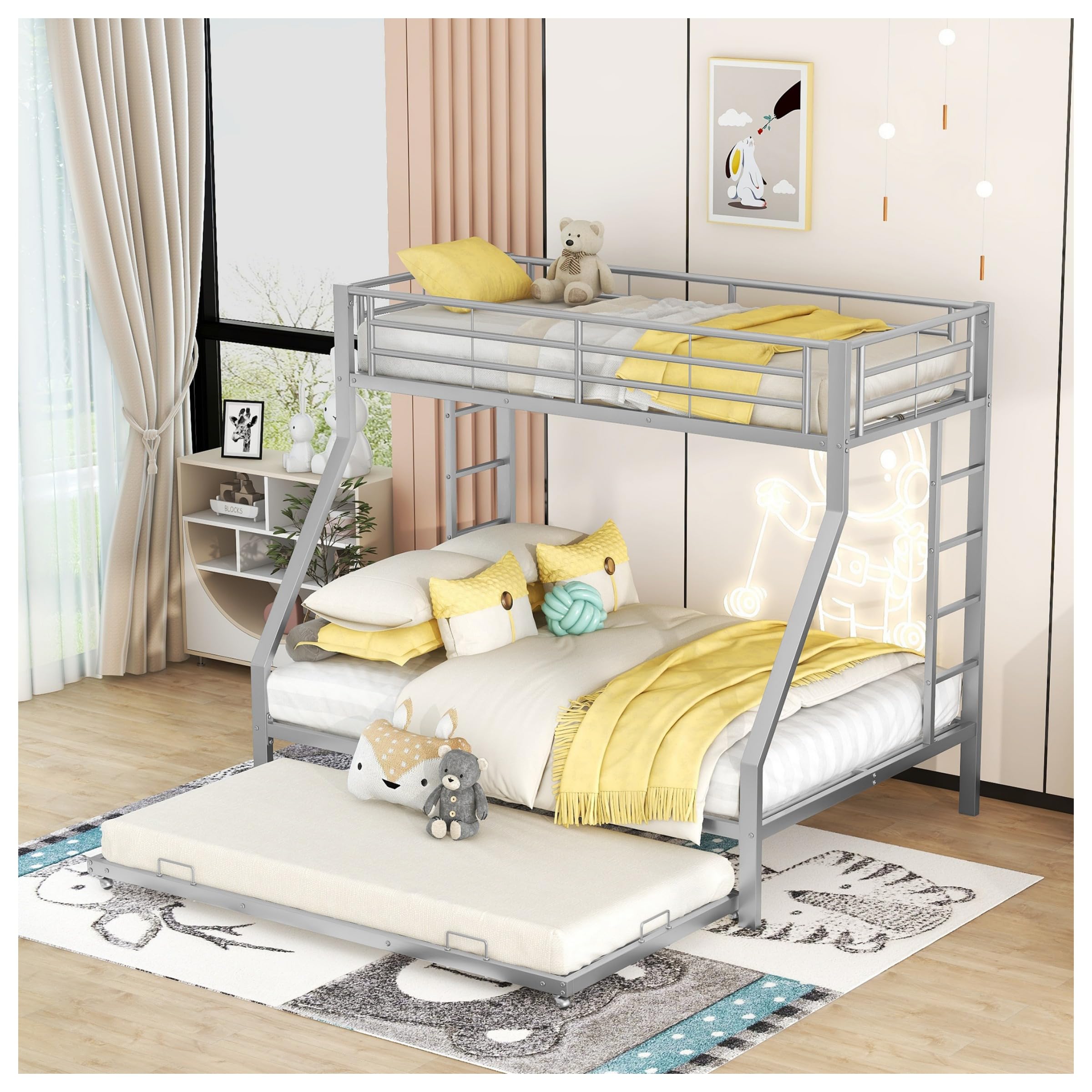 Letto a castello, letto in metallo con letto estraibile, con scala su entrambi i lati per bambini, adolescenti, adulti, facile da montare, 90(140) x200cm (argento)