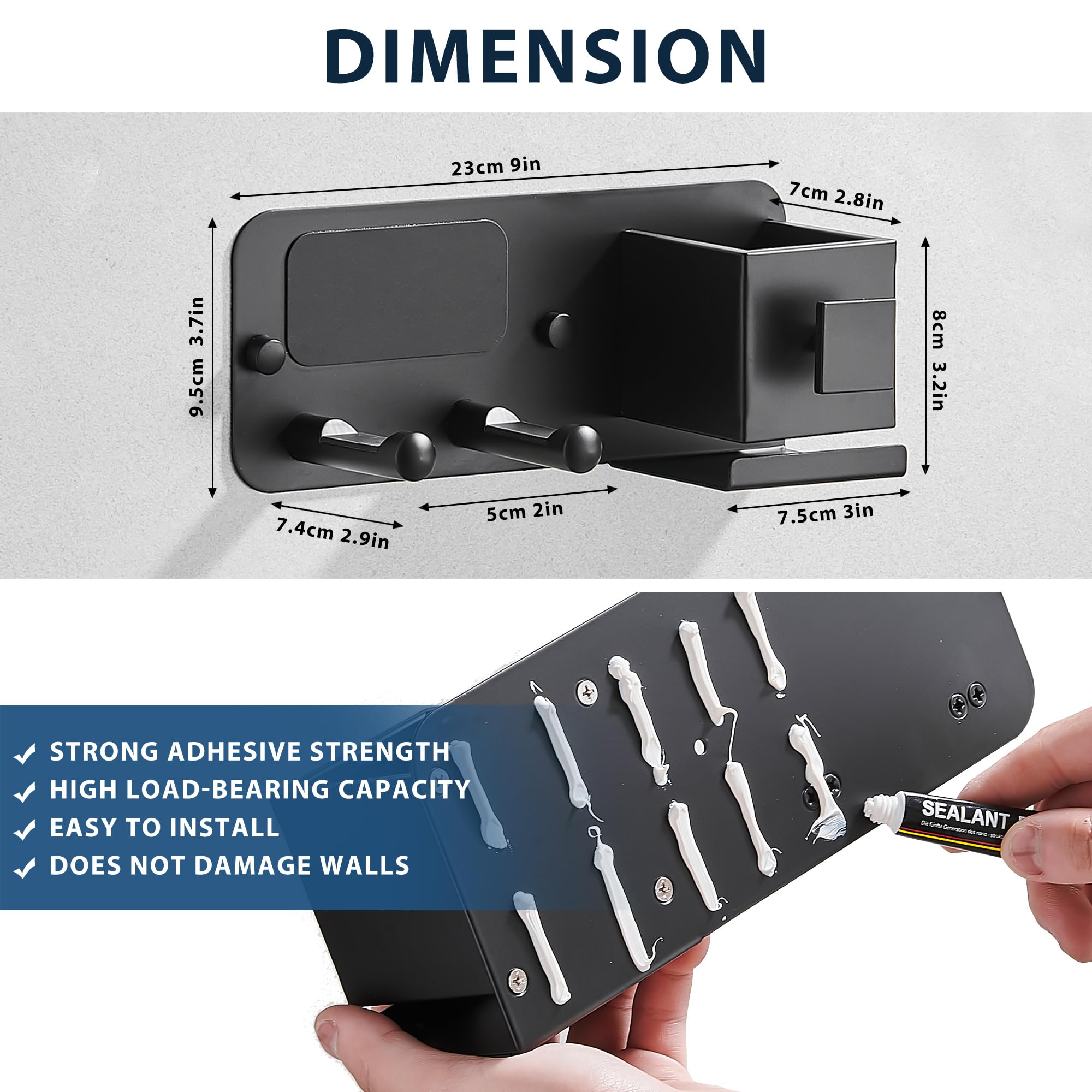 Porta Phone Bagno da Muro, Reggi Phon da Parete Supporto Asciugacapelli Adesivo Portaphone con Portacavi e Mensola Doccia per Bagno Parrucchiere e Hotel(Nero)