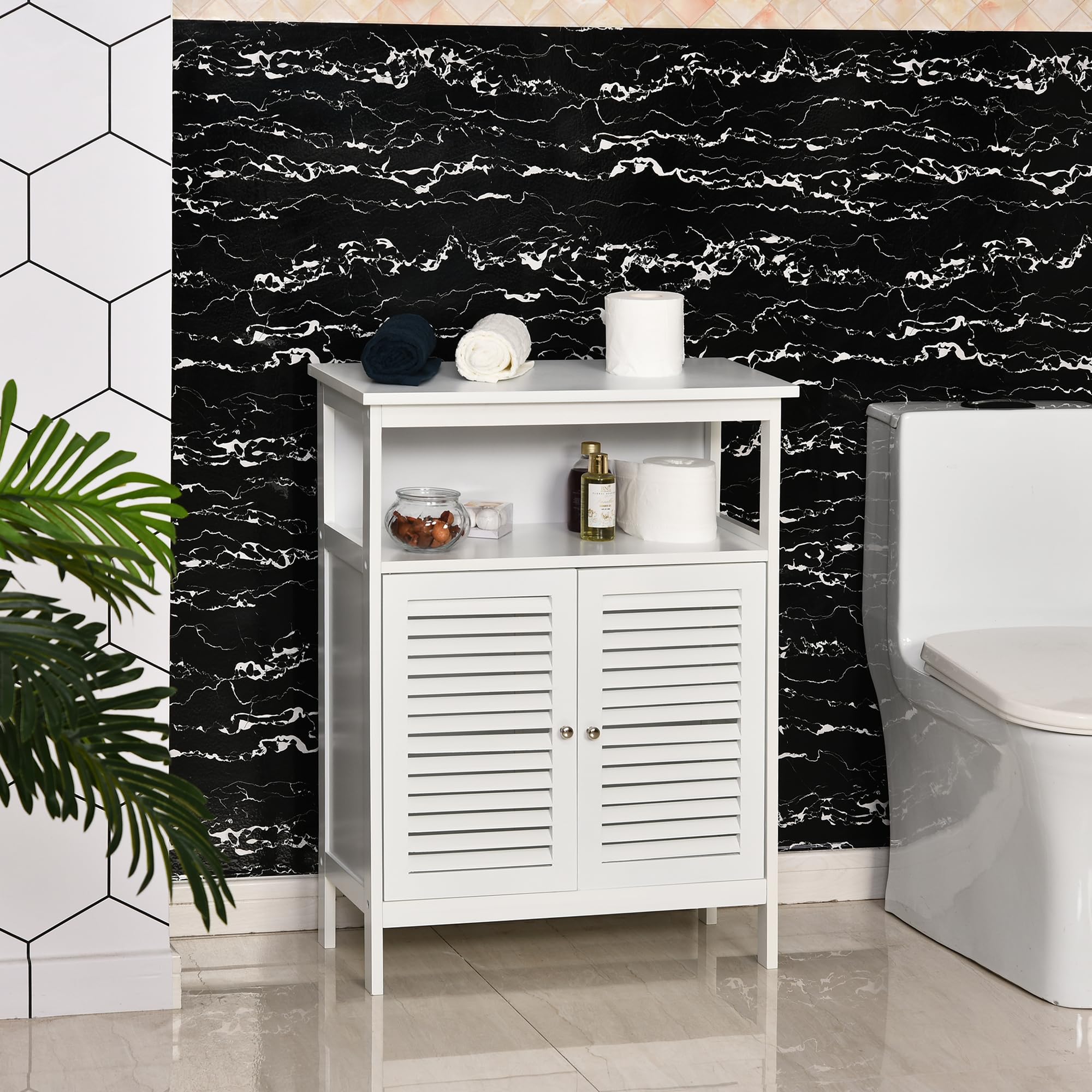 kleankin Mueble de Baño con 2 Puertas de Persianas 60x30x81,6 cm Blanco