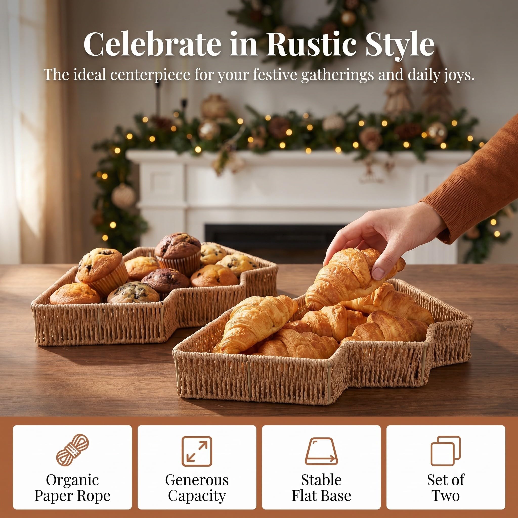 KICHOUSE 2 Piezas Cesta de Mimbre Material PP y Hierro Estilo Rústico Fácil de Manejar Forma de Árbol de Navidad y Capacidad Maximizada para Pan para Desayunos Informales