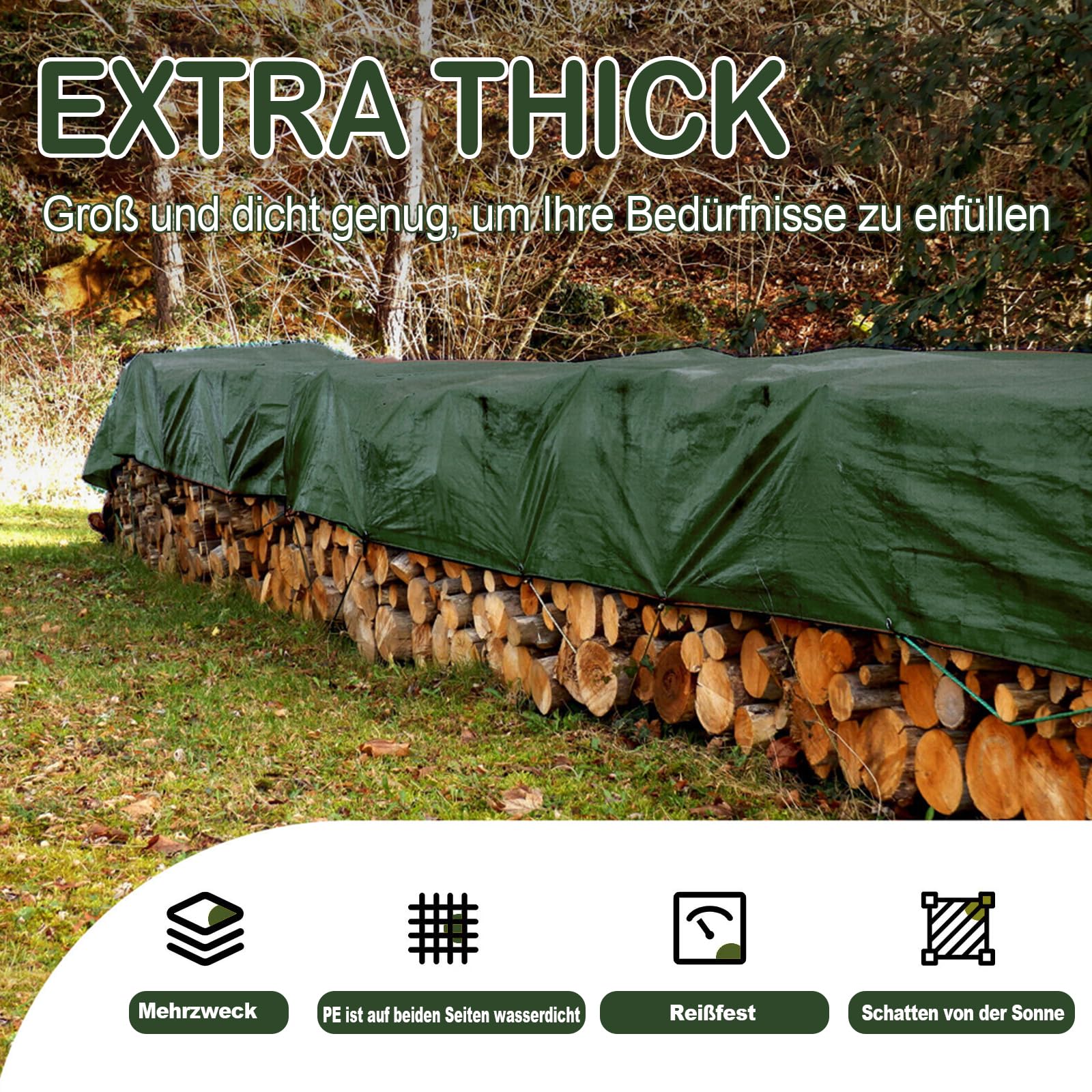 Lona de Tela de 2x6 m, 180 g/㎡, Verde/Plateado, Impermeable, Lona para Camiones con Ojales, Lona Protectora, Lona para Barcos, Lona de Madera para Muebles de jardín, Cubierta para Piscina, Tram