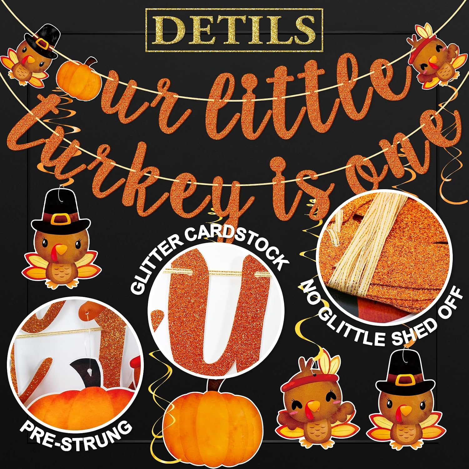 Qttier Our Little Turkey Is One Banner and Thanksgiving Hanging Swirls, Turkey 1st Birthday, Fall Birthday Decorations, Orange Glitter