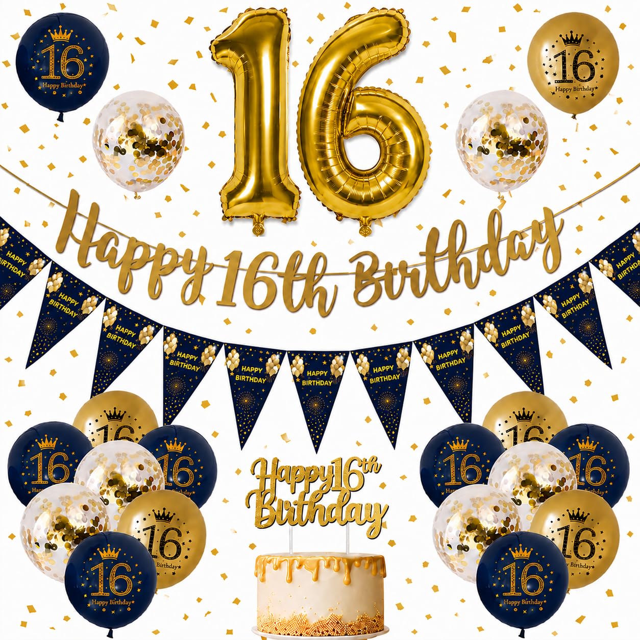 Omrel Blue & Gold 16th Birthday Decoration for Girls - Happy 16th Birthday Banner, Triangle Flag Banner, Number 16th Birthday Balloons for Party Decorations — image 1