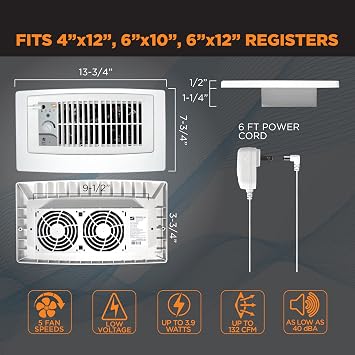 Suncourt Flush Fit Floor/Wall Register Booster Fan Ultra-Quiet, 5-Speed Vent Fan with Smart Technology and 6-Foot Power Cord, HC500-WPL (White)