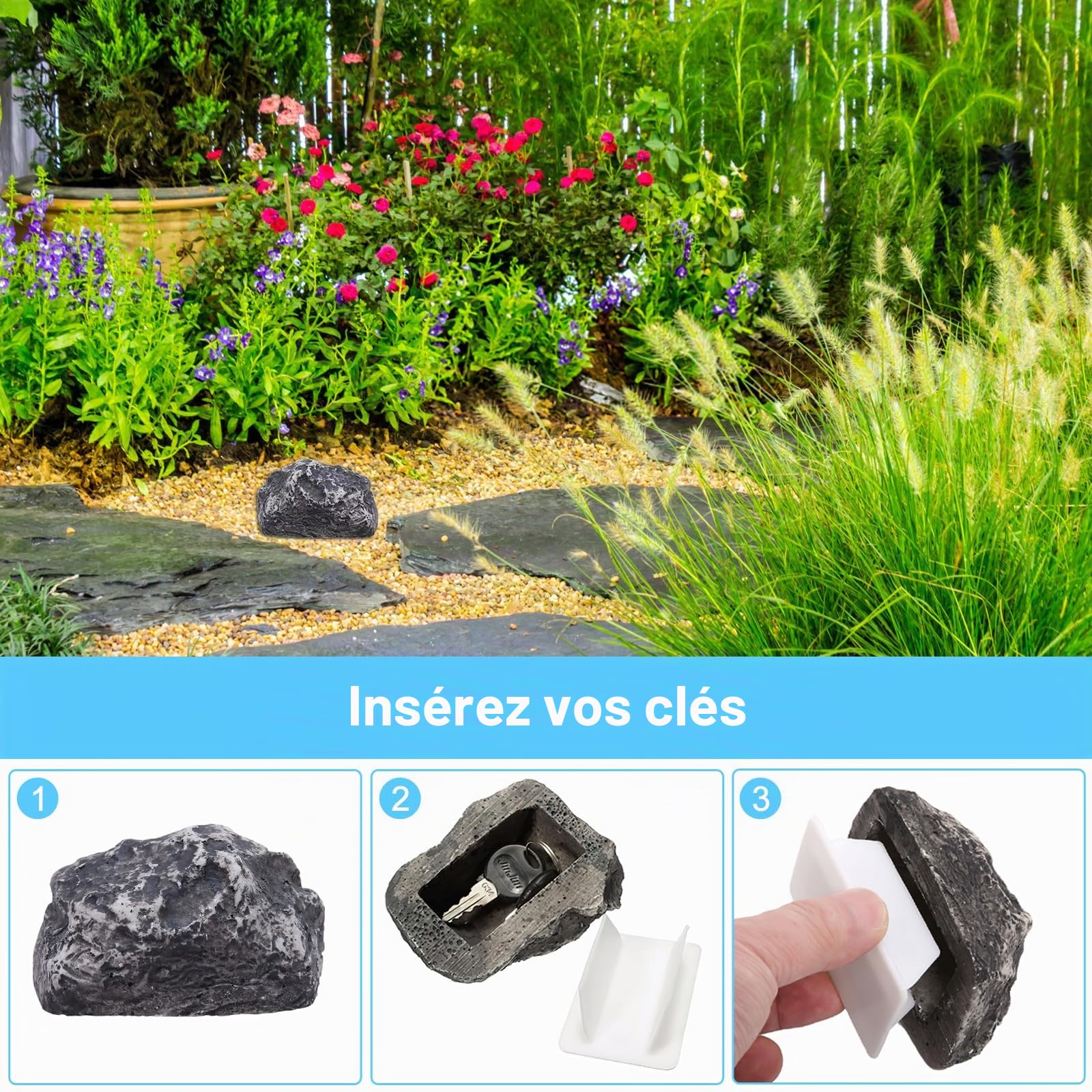 Pierre à clés cachette avec compartiment secret, fausses pierres ressemblant à une vraie pierre, coffre-fort à clés extérieur, cachette de clés pour l'extérieur
