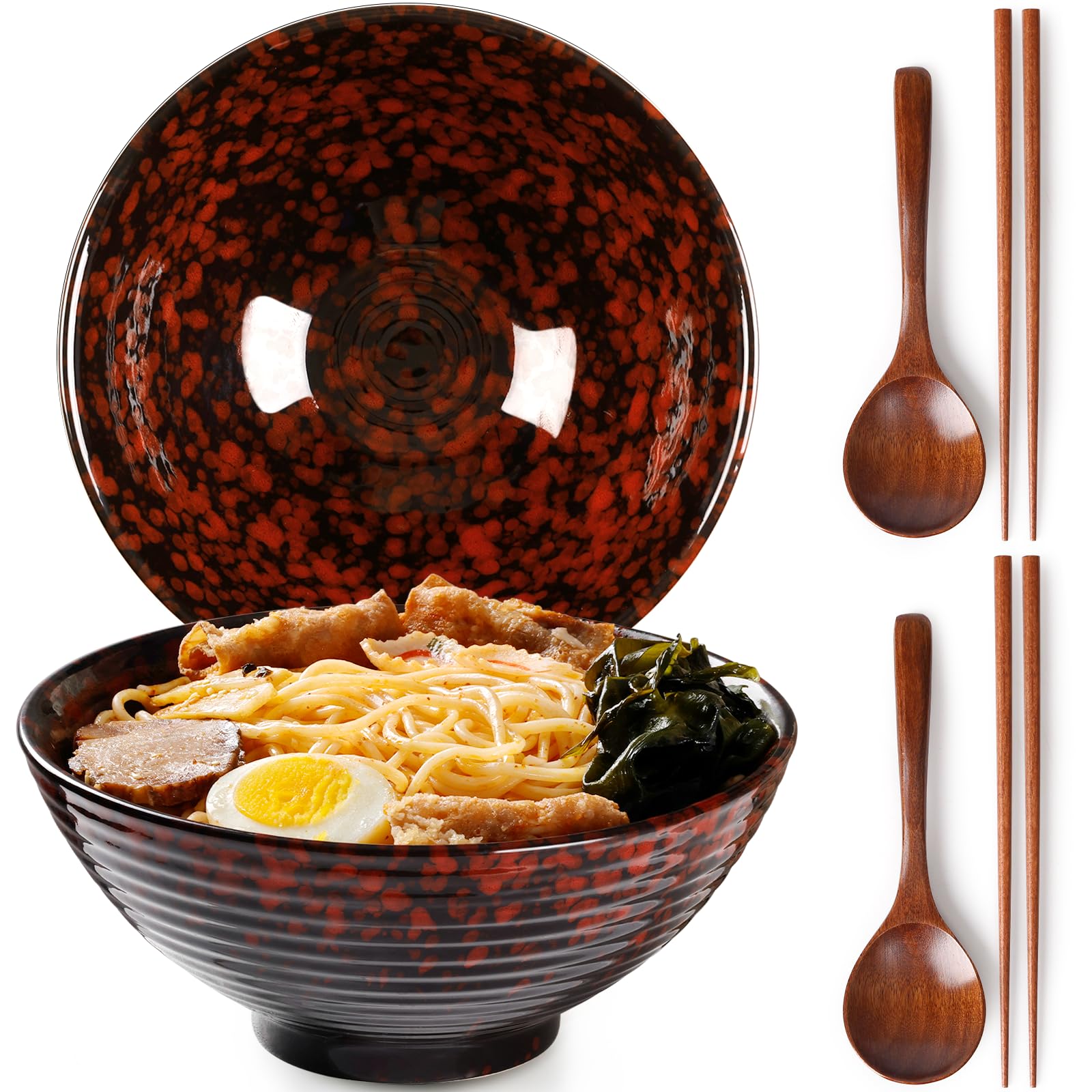 NUTRIUPS Ceramic Ramen Bowl with Chopsticks and Spoons (Lava Burst Red)