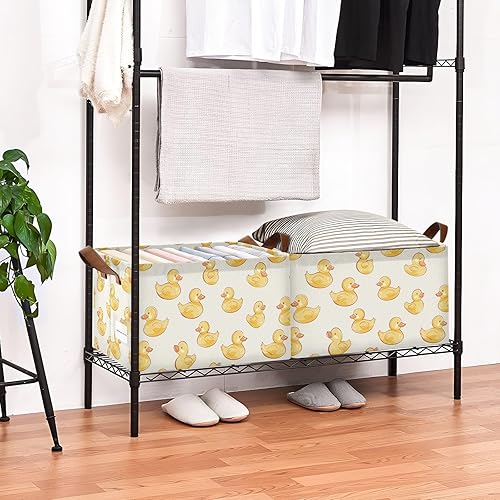 Miniatura 8 de KLL Hand-painted Cartoon Yellow Duck Foldable Storage Baskets Fabric Storage Bins with Handles Closet Organizers for Shelves Closet Toys Books 2 Pack