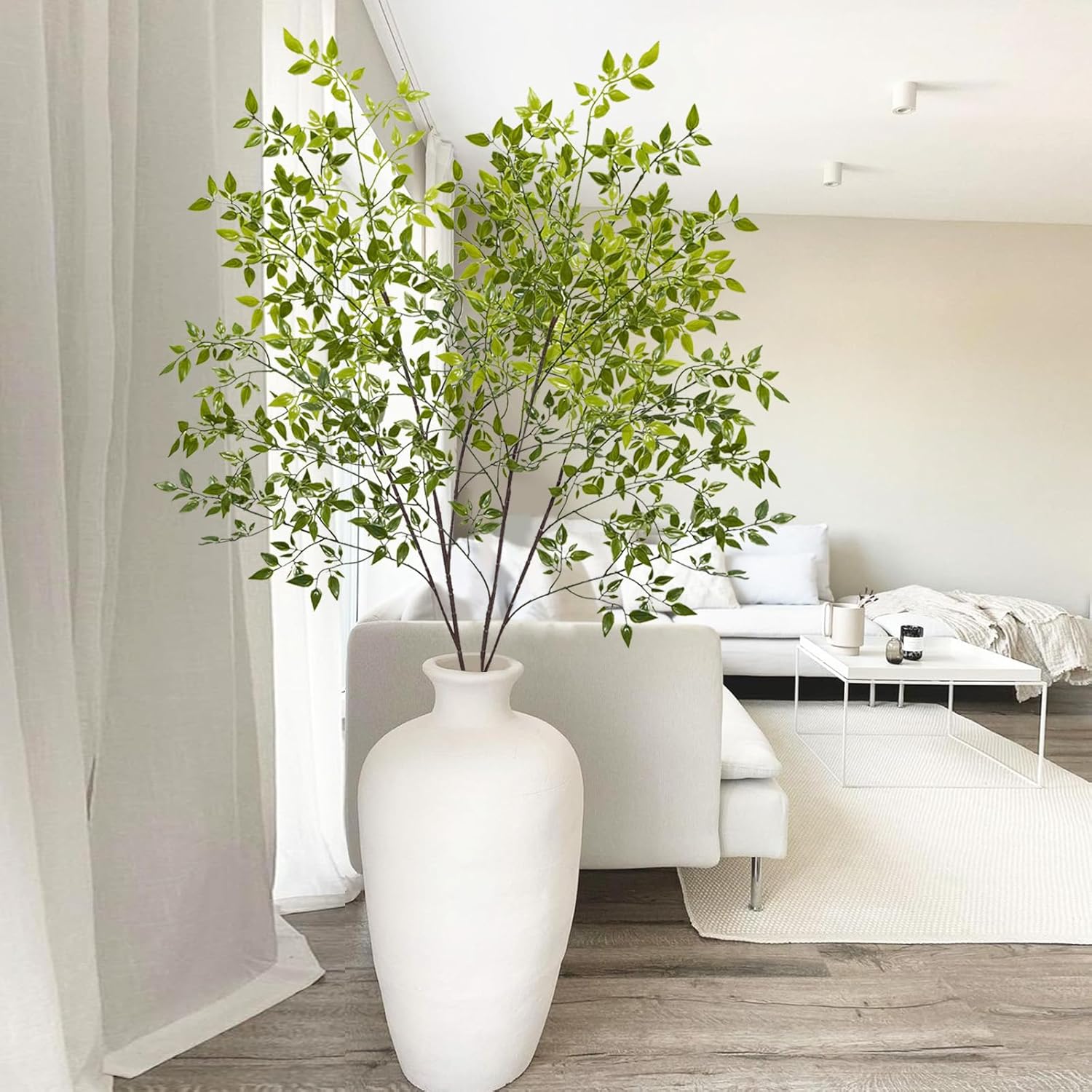 4Pcs Artificial Greenery Stems, 43.3" Fake Nandina Stems Plants Faux Leaf Twig Branches for Indoor Desk Office Shop Home Table Vase Spring Decor