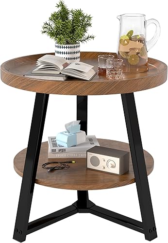 Mesa auxiliar redonda pequeña, mesa auxiliar de 2 niveles con almacenamiento, mesa auxiliar redonda pequeña para sala de estar, muebles de sala de