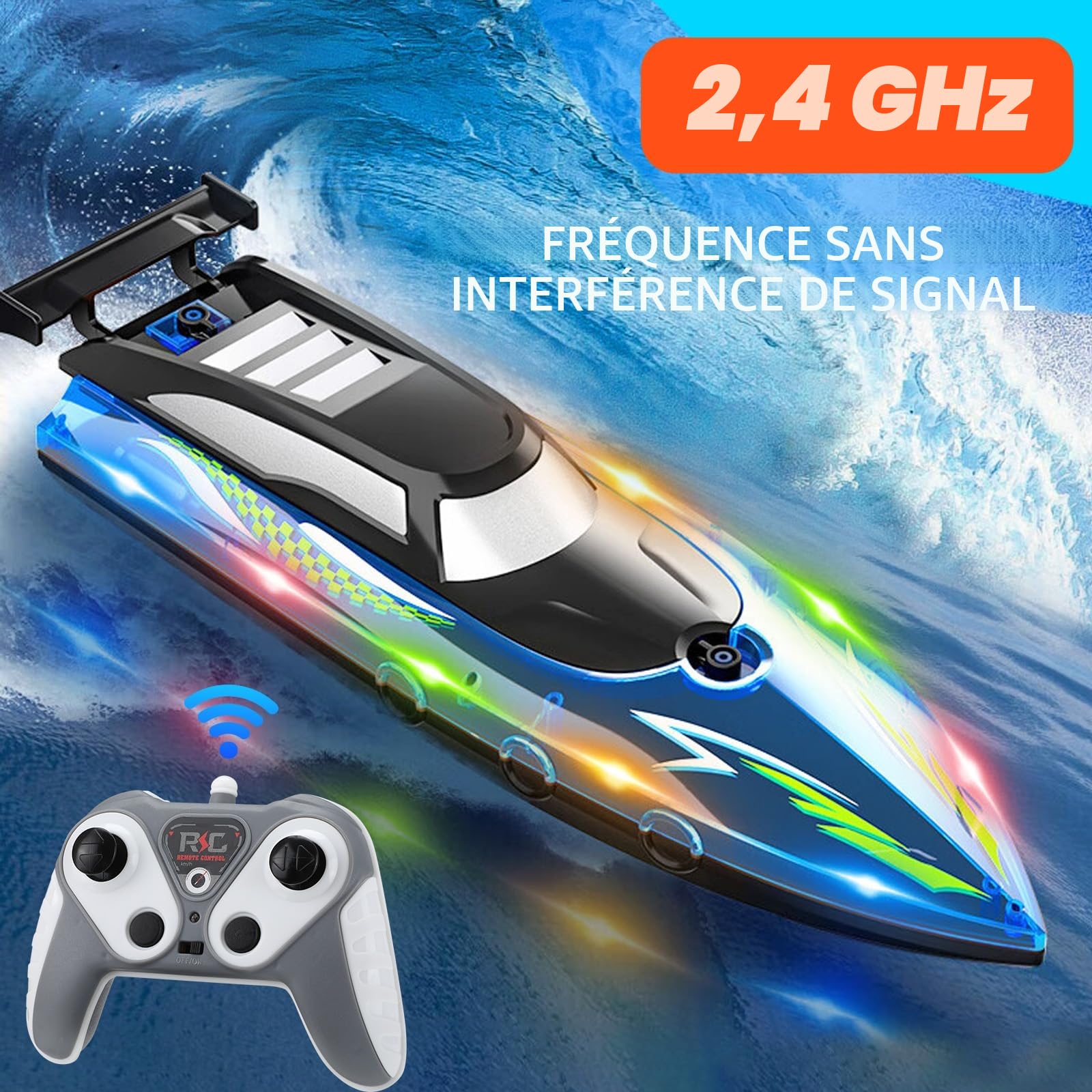 Bateau télécommandé, Bateau électrique Grande Vitesse étanche 2,4 GHz avec 2 Piles Rechargeables et lumière LED, Ship Course électrique sans pour Enfants Adultes Piscine lac rivière (Blue)