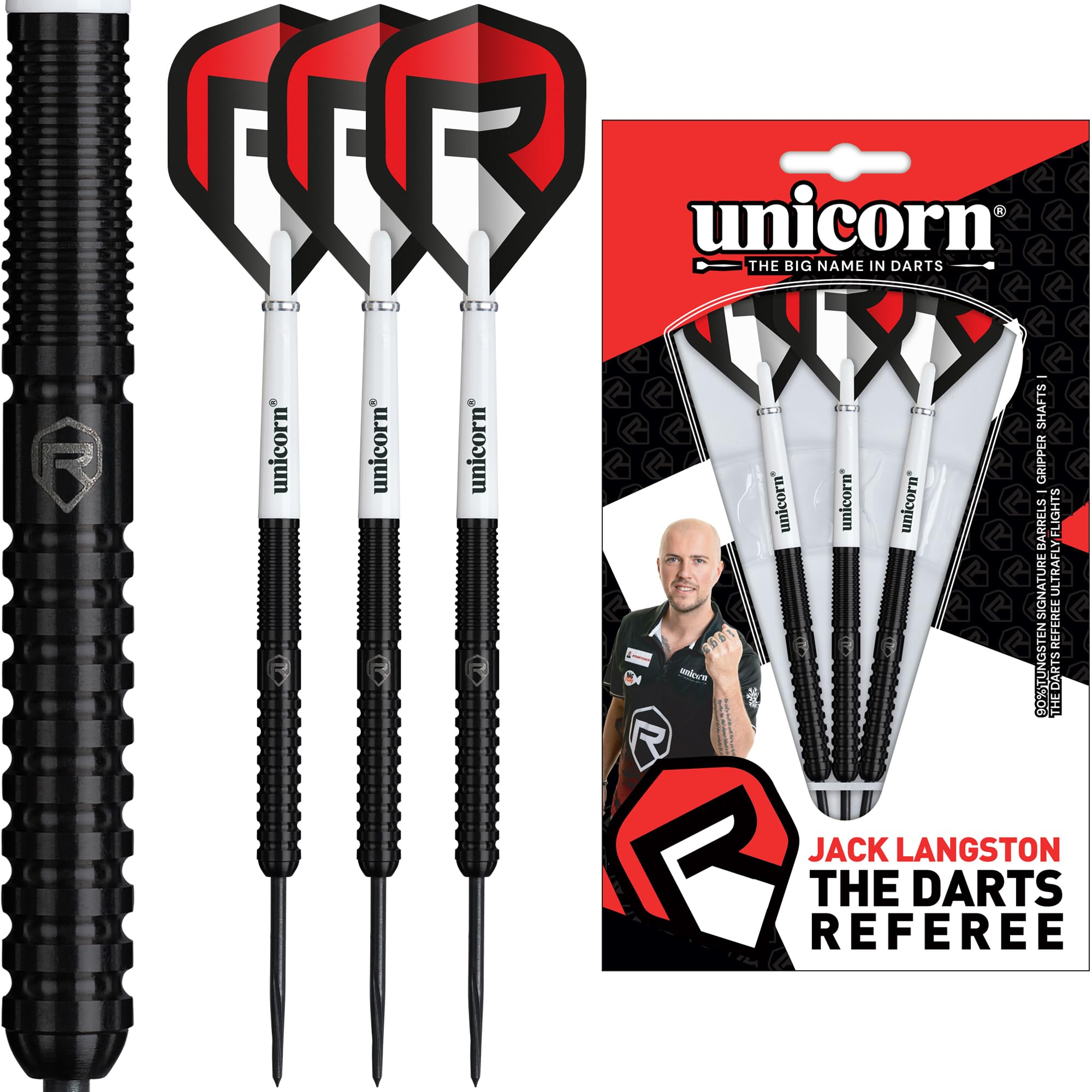 Unicorn | Jack Langston | 90% Tungsten Barrels with Black PVD Coating | Steel Tip Darts Set | The Darts Referee | Durable Stunning Ultrafly Flights | Noir Black Volute Points | 22, 24 or 26 g (24 g)