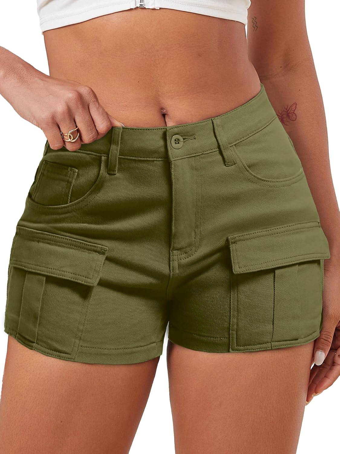 ELLEVEN High-Stretch Women's Cargo Jean Shorts, Trendy High-Waisted Cotton Denim Mini Shorts with 5 Pockets