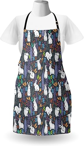 Miniatura 2 de Lunarable Delantal de conejo, conejitos blancos entre hojas, ramas, flores y zanahorias, ilustración en color pastel, babero de cocina unisex con