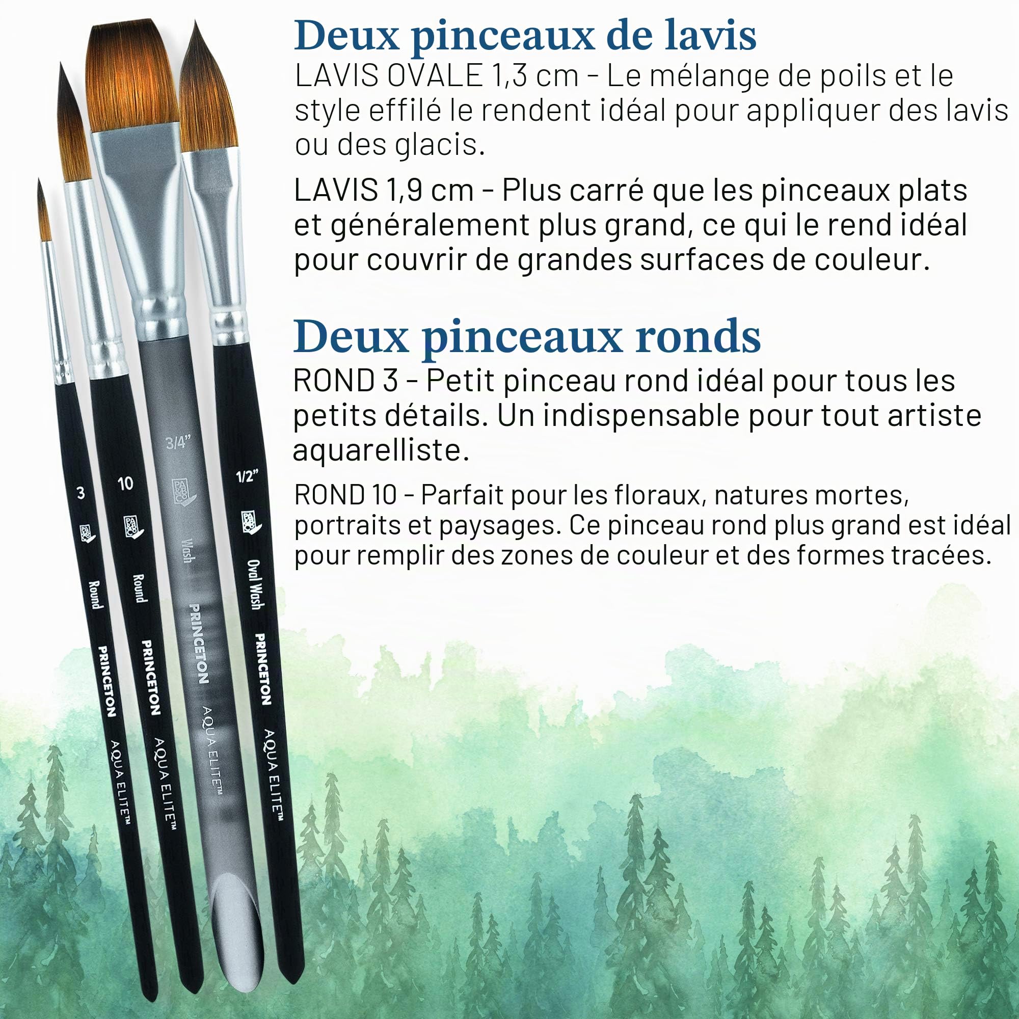 Princeton Artist Brush Co. Aqua Elite Professional 4850 Series Lot de 4 pinceaux synthétiques Kolinsky pour Aquarelle – Pinceaux Aquarelle ou Gouache – Pinceaux de Peinture d'artiste