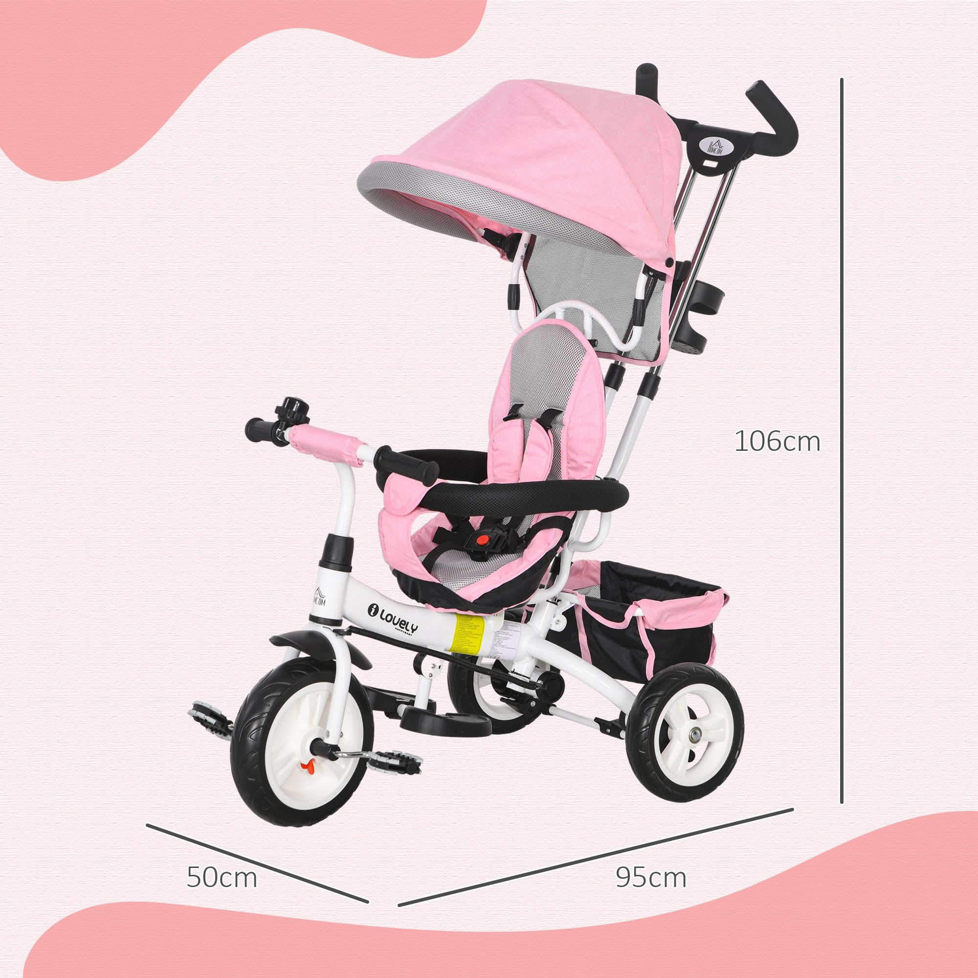 HOMCOM Dreirad 6-in-1 mit Schubstange für 1-5 Jahre Kinder bis 25kg, Kinderdreirad mit Vorwärts und Rückwärtsfahrt, Korb Getränkehalter Sonnendach, Rosa