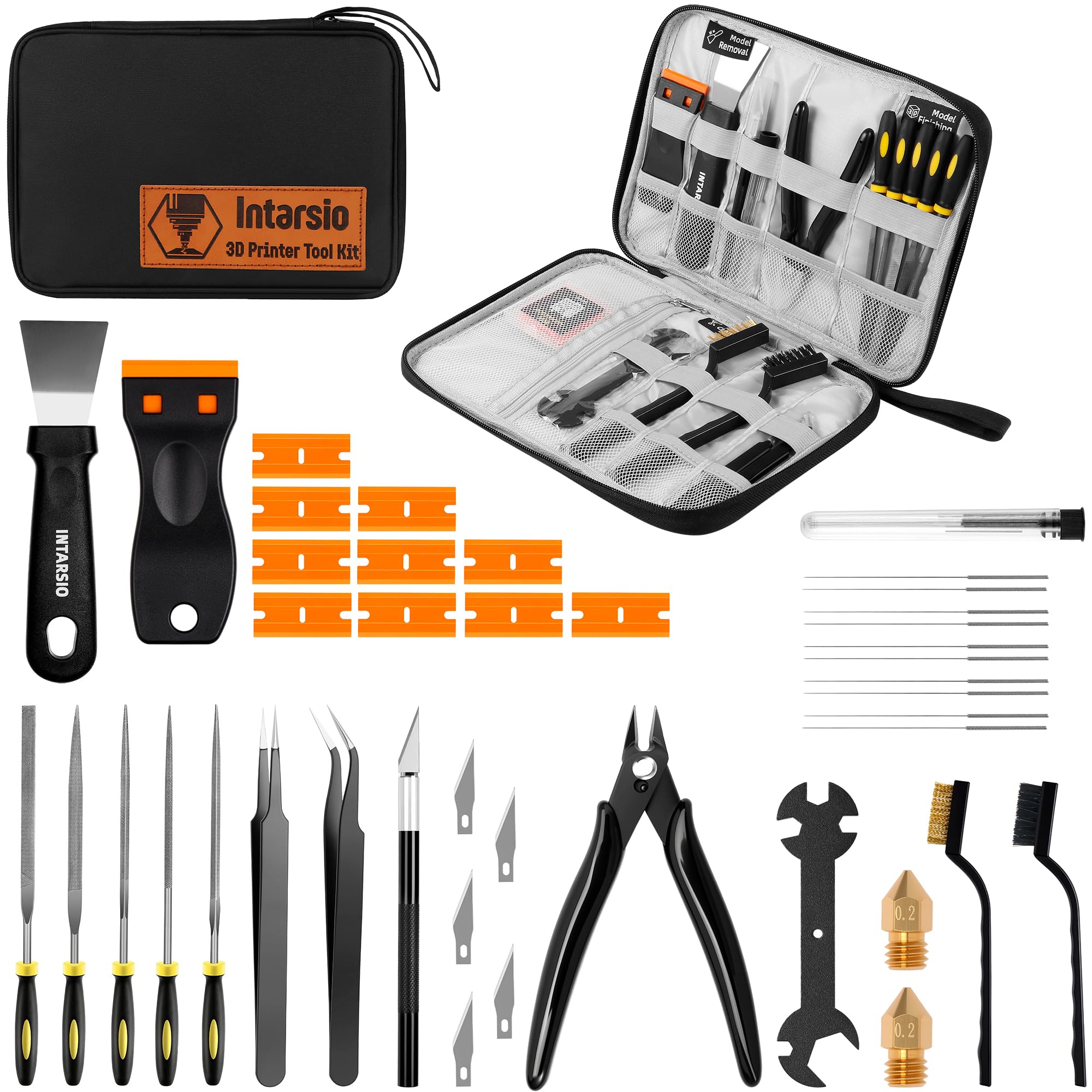 3D Printer Tools Kit, 34pcs 3D Printer Accessories for All FDM/SLA Printers Includes Nozzle Cleaning Tools, Removal Scrapers, Finishing Tools, 5 Types of Files,Brushes, Wire Cutter, Engraving Knife