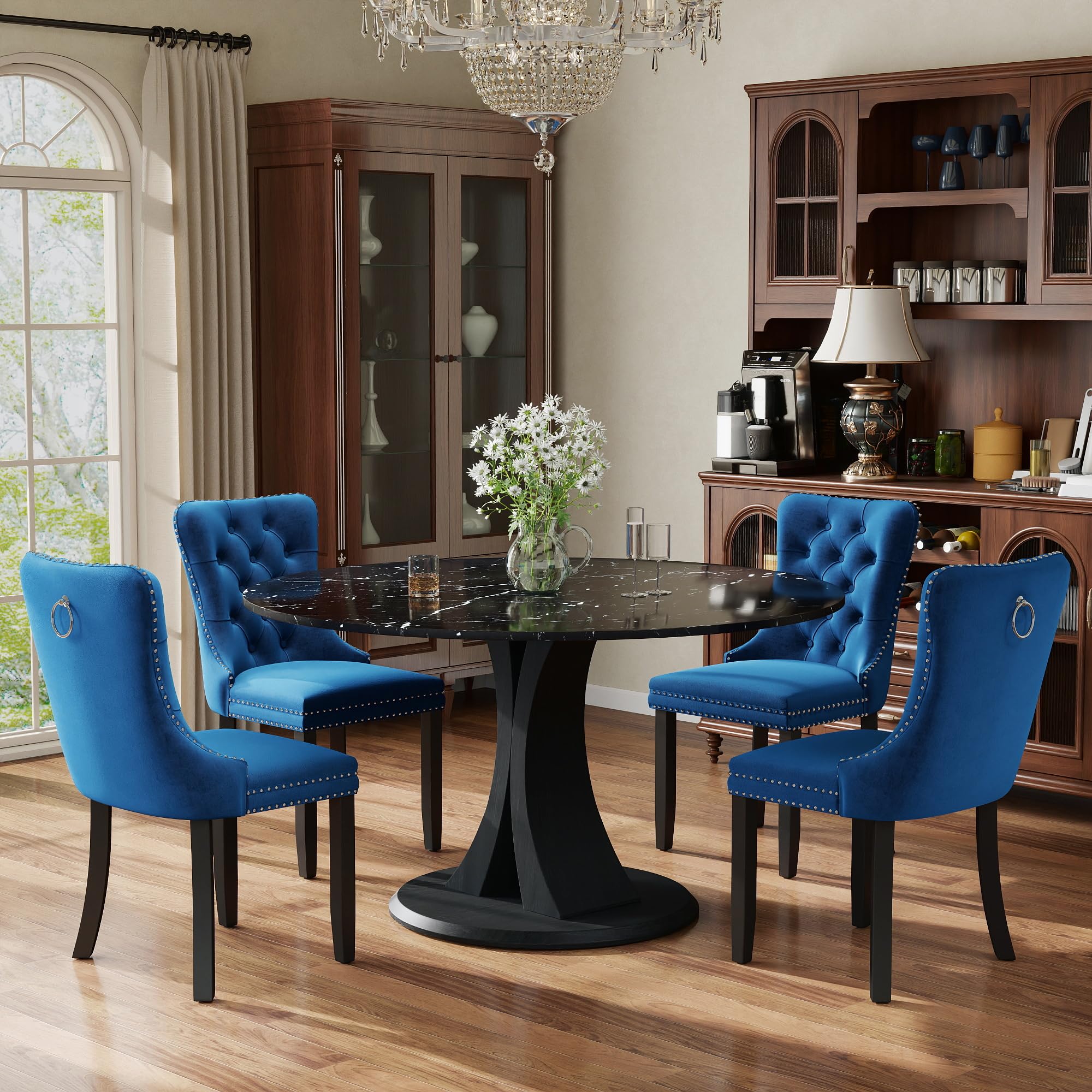 5-Piece Dining Table Set for 4 with 47 In Black Faux Marble Round Table