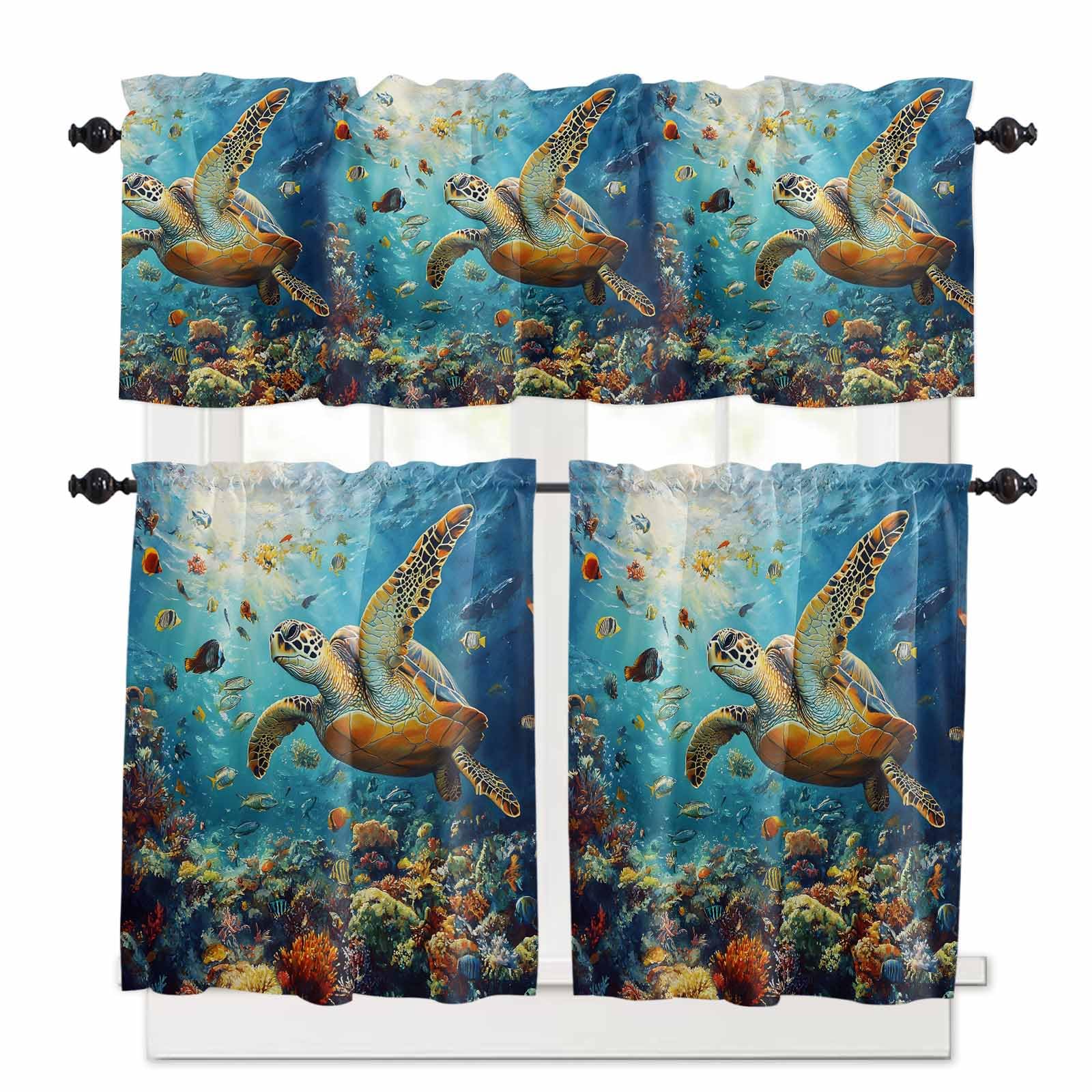 Ocean Turtle Kitchen Curtains 24 Inch Length, 3 Piece Rod Pocket Small Half Tiers and Valance Set, Summer Beach Underwater Coral Fish Sea Small Large Window Treatment Decor for Bedroom/Bathroom Sink