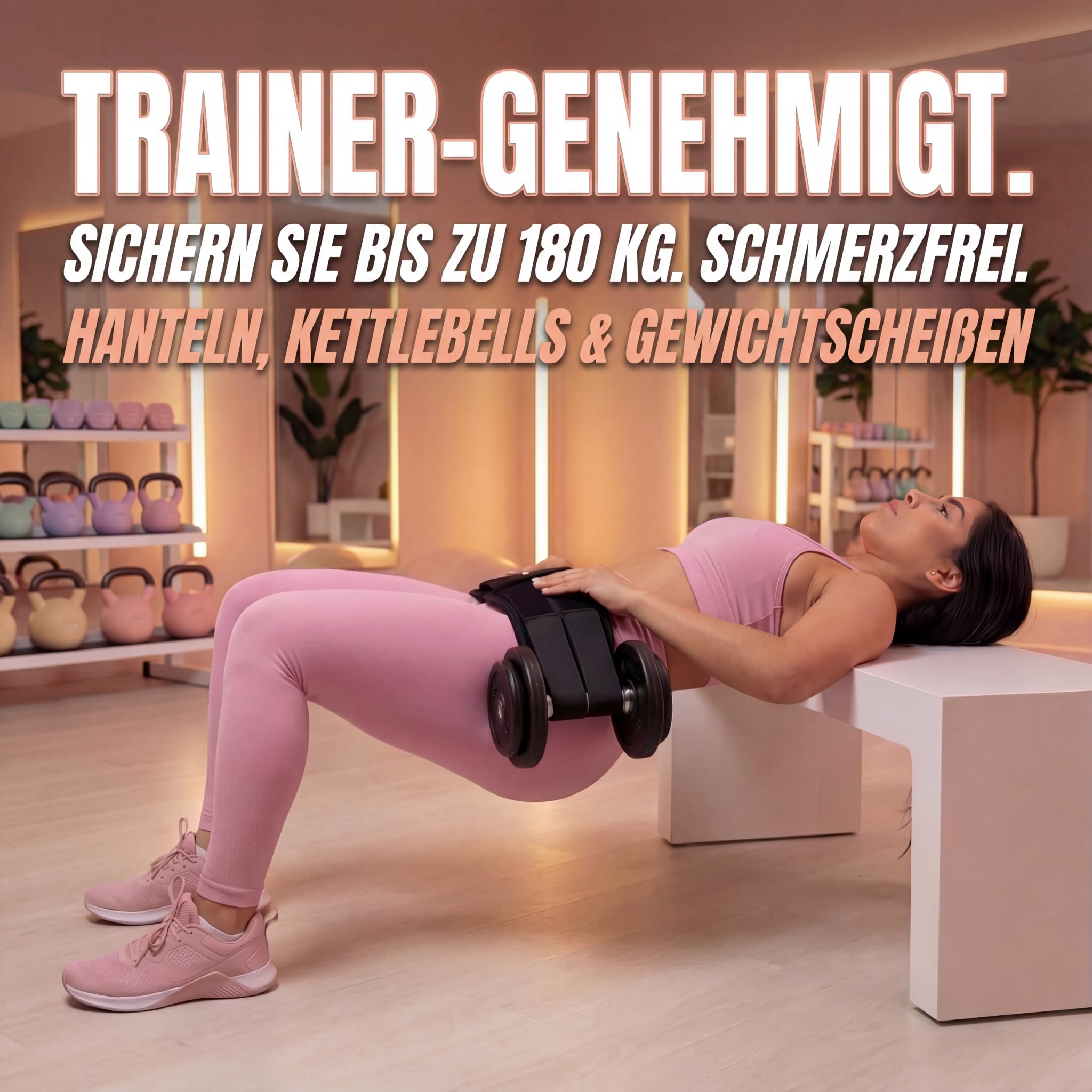 Hüftstoß-Gürtel für Kurzhanteln, Kettlebells und Gewichtsscheiben – Bequemer Trainingsgurt bis 180 kg, Doppelgurt-System, Po-Trainer für effektives Gesäßtraining zu Hause oder im Fitnessstudio