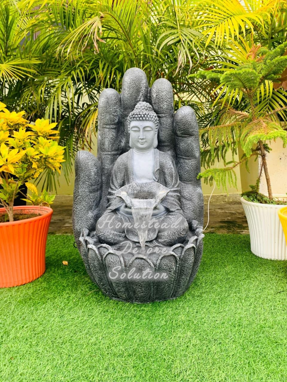 Homestead Decore Solution Palm Buddha Water Fountain with led Light 2.8 feet, Decorative Zen Home Decor Living Room Garden Meditation Area Indoor Outdoor Sculpture, Grey Fiber-picture-39