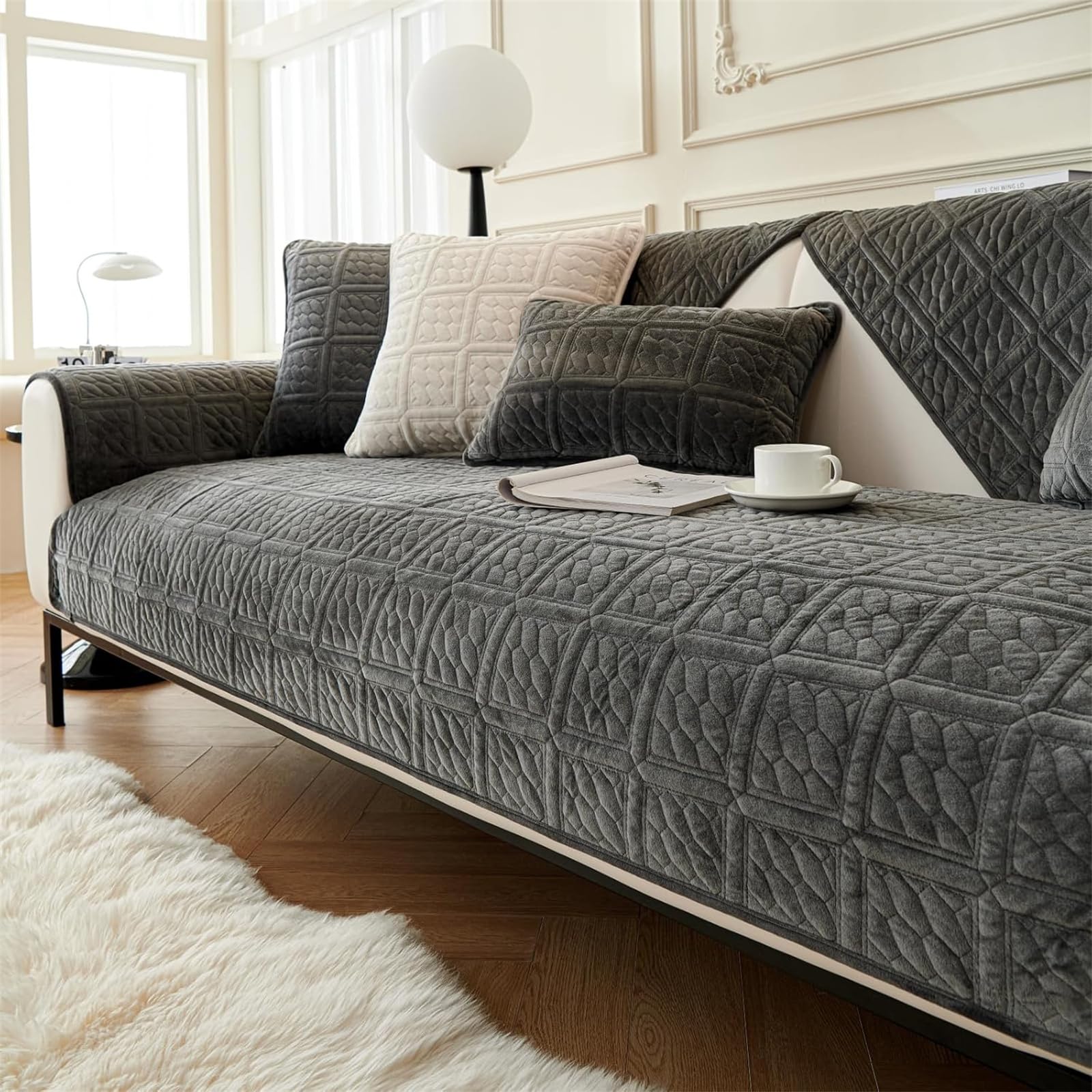 LINGKY New Crystal Velvet Soft Sofa Cover 1 2 3 Seater, Universal Couch Covers Non-Slip Corner Sofa Cover L Shape Sofa Slipcovers Furniture Protector for Living Room (Dark Gray, 90x180cm) — image 1