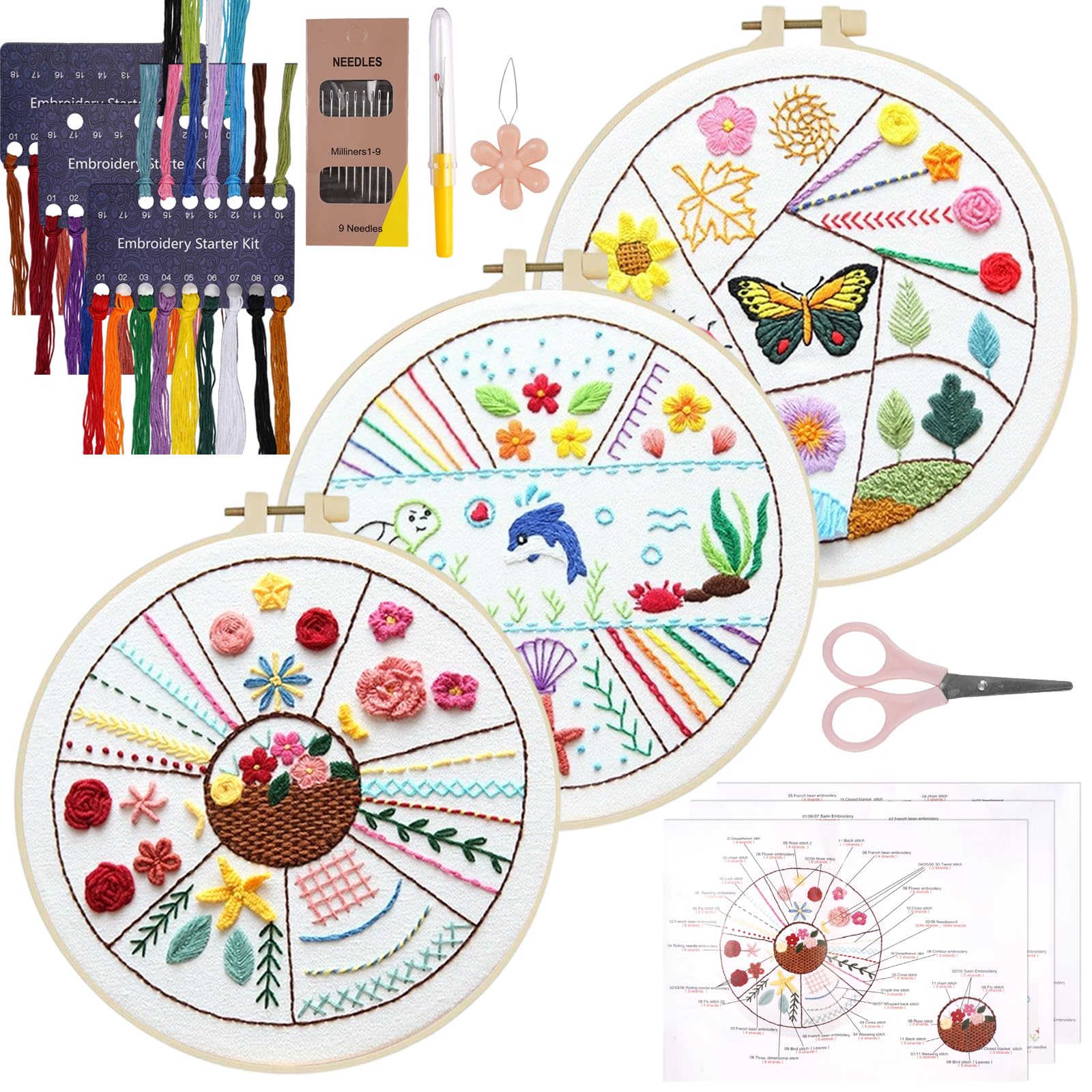 Kit di Pratica di Ricamo per Principianti,3 Set Ricamo per Principianti Adulti,31 Punti Diversi Ricamo,Set da Ricamo con Tessuto Stampe di Piante Fiorite e Animali,Telaio Ricamo,Fili,Aghi,Istruzioni