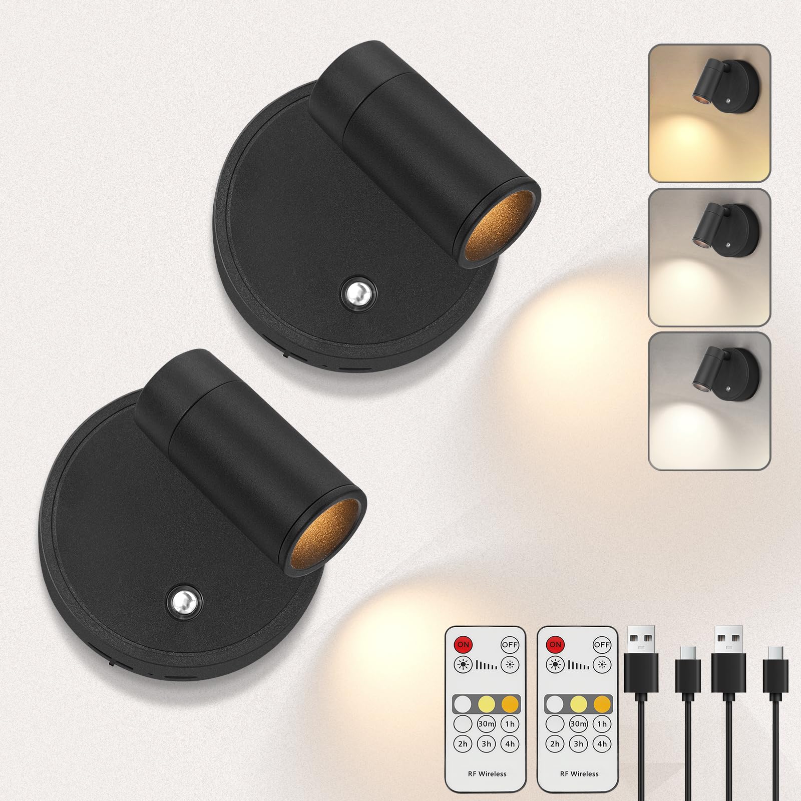 Kambo LED Lámpara de Pared Recargable 4000mAh, Aplique Foco Táctil y Control Remoto con Temporizador, Pequeños Foco Luz para Planta, Obras de Arte, Habitación, Estar, 2 Pieza