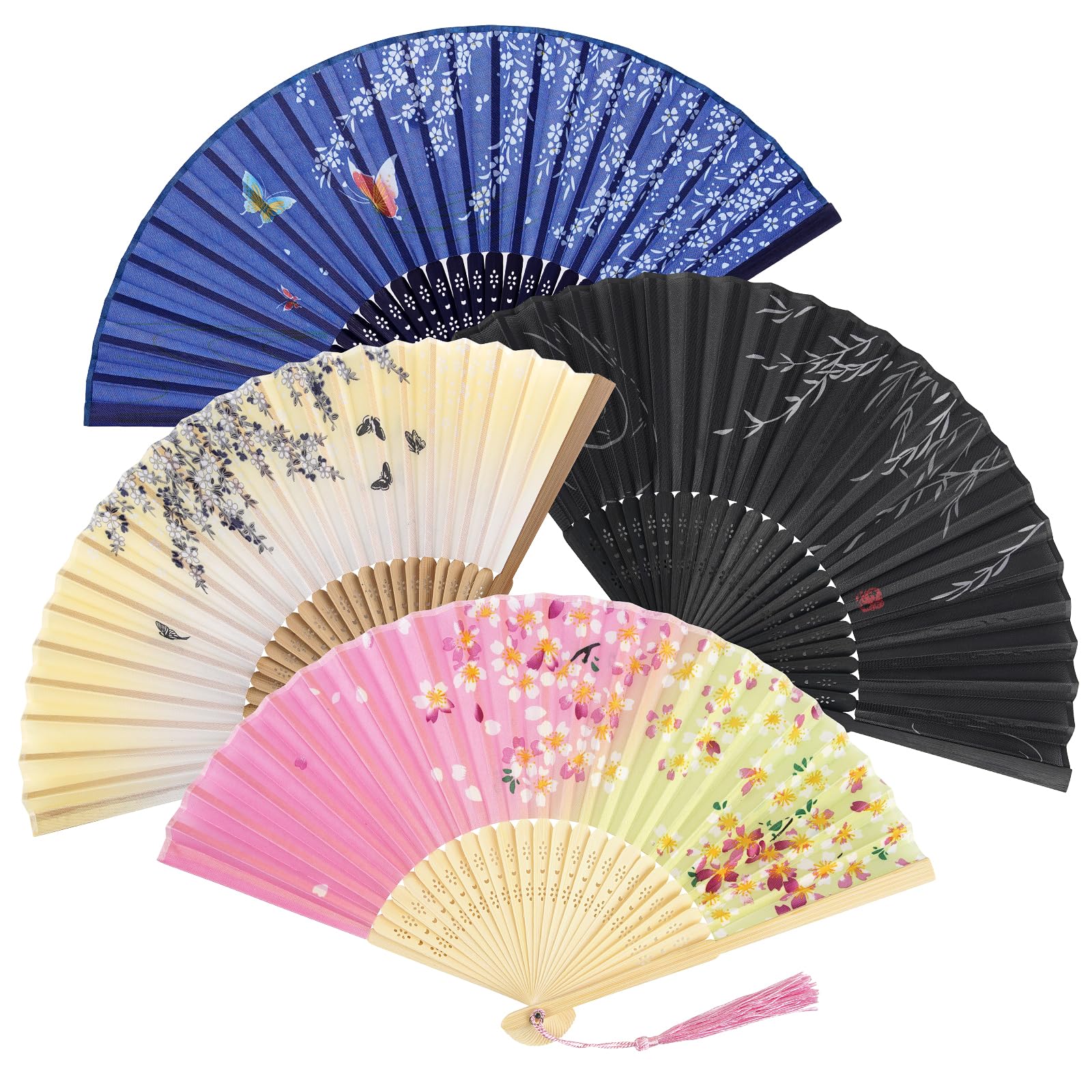 4 Pack Silk Fabric Hand Fans, Chinese Fan, Hollow Carved Bamboo Folding Hand Fan Handheld Fan for Wedding, Gifts, Performance, Dancing, Home Decoration